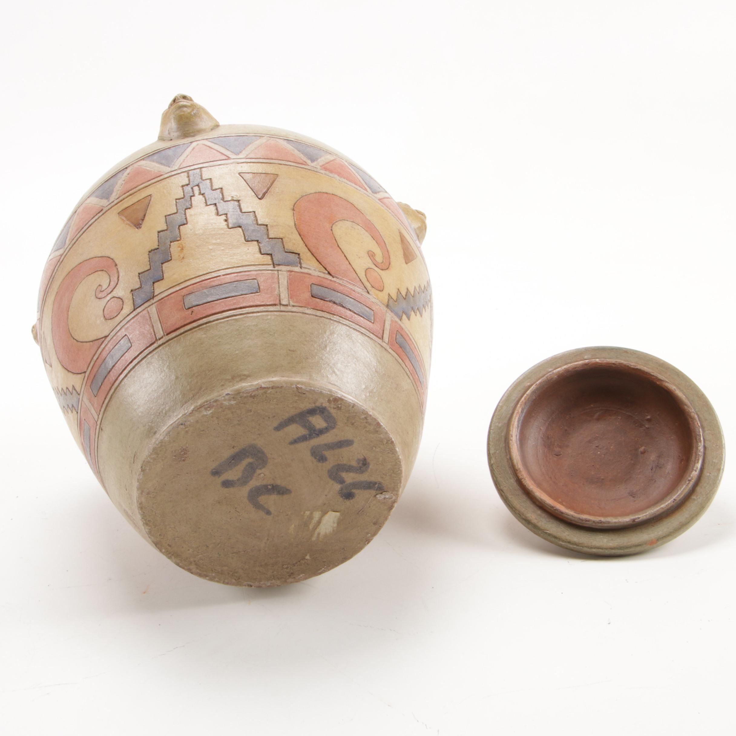 South American Inspired Art Pottery Lidded Vessel