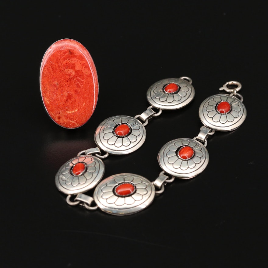 Southwestern Style Sterling Silver Coral Ring and Concho Bracelet