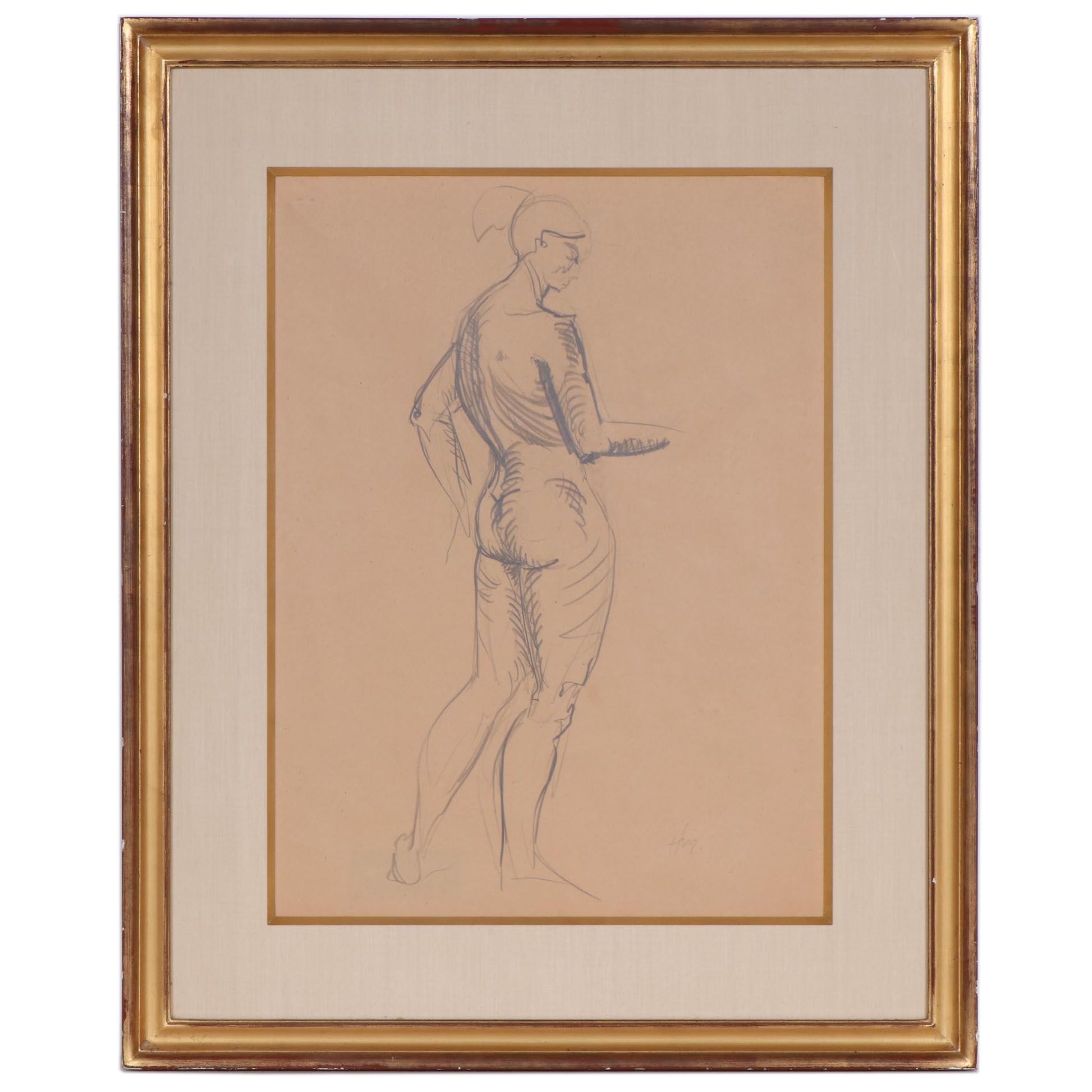 Nude Female Charcoal Drawing in the Style of Henri Matisse, Mid-20th Century