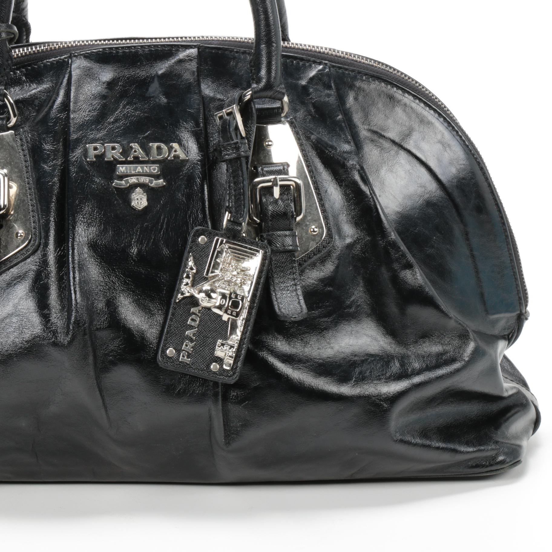 Prada Black Leather Zip Satchel with Saffiano Leather Accents