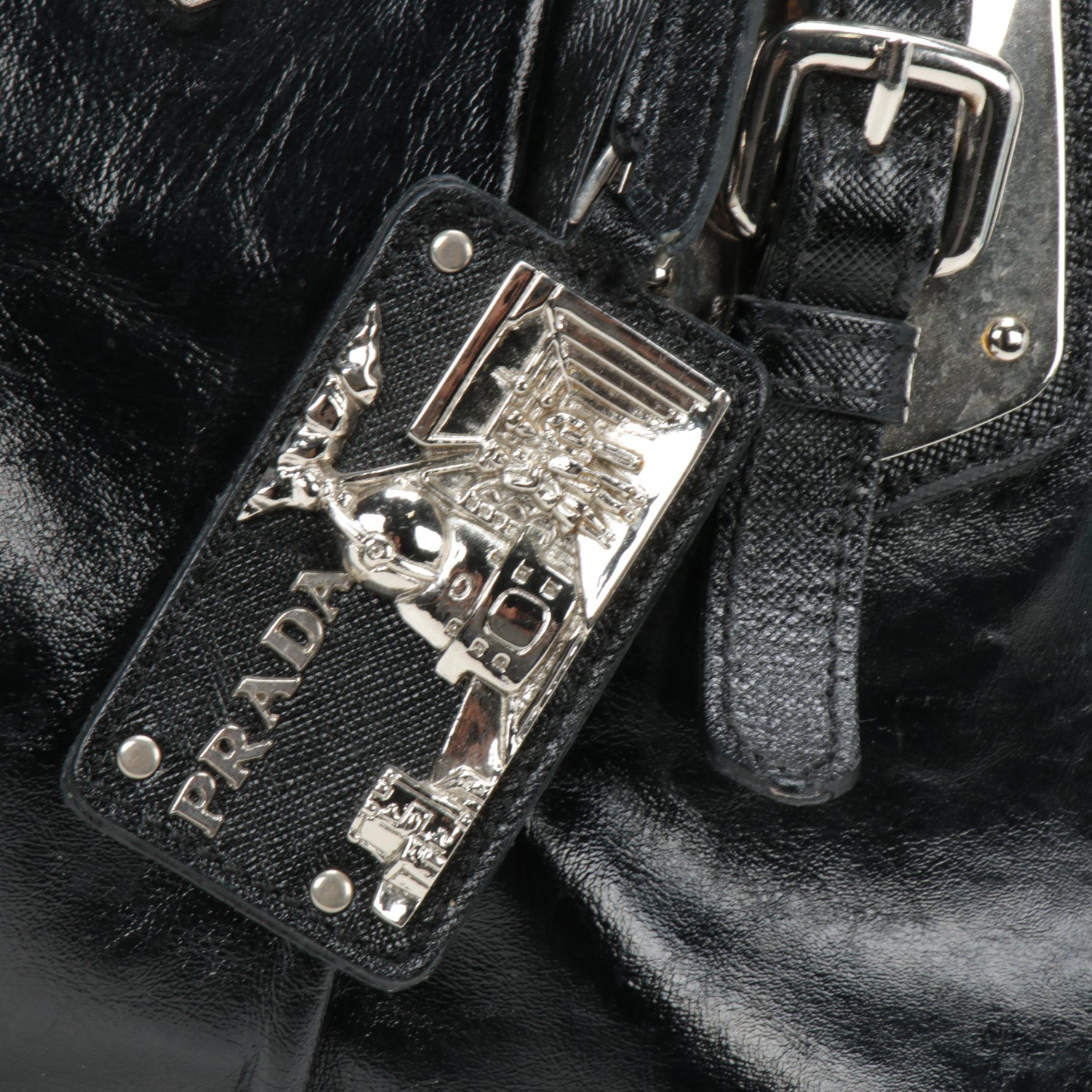 Prada Black Leather Zip Satchel with Saffiano Leather Accents