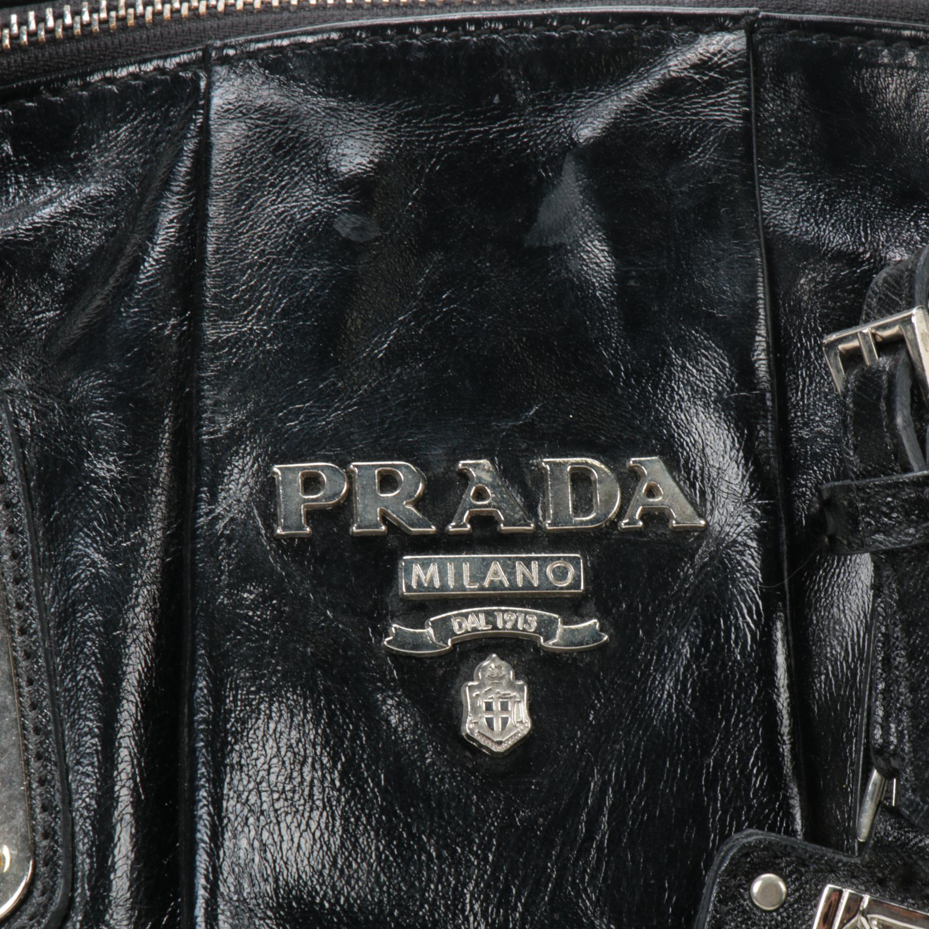 Prada Black Leather Zip Satchel with Saffiano Leather Accents