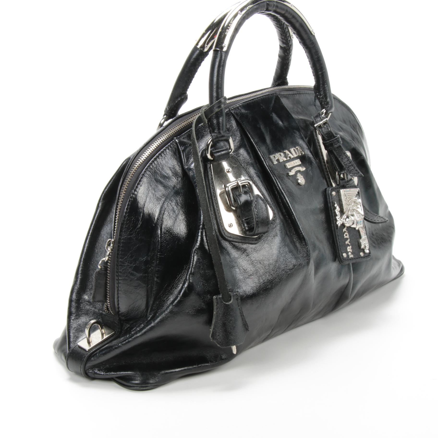 Prada Black Leather Zip Satchel with Saffiano Leather Accents