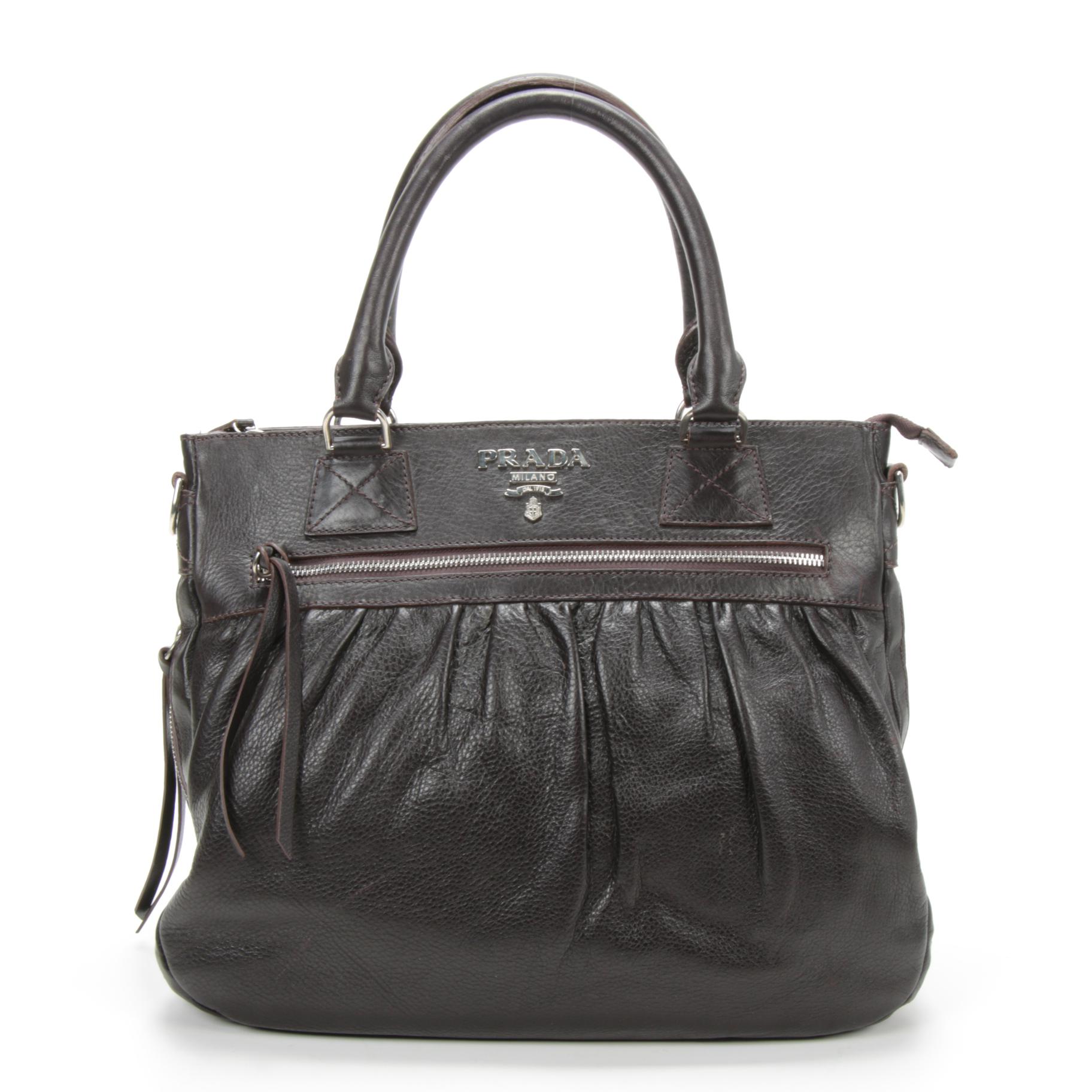 Prada Dark Brown Pleated Daino Leather Zip Handbag