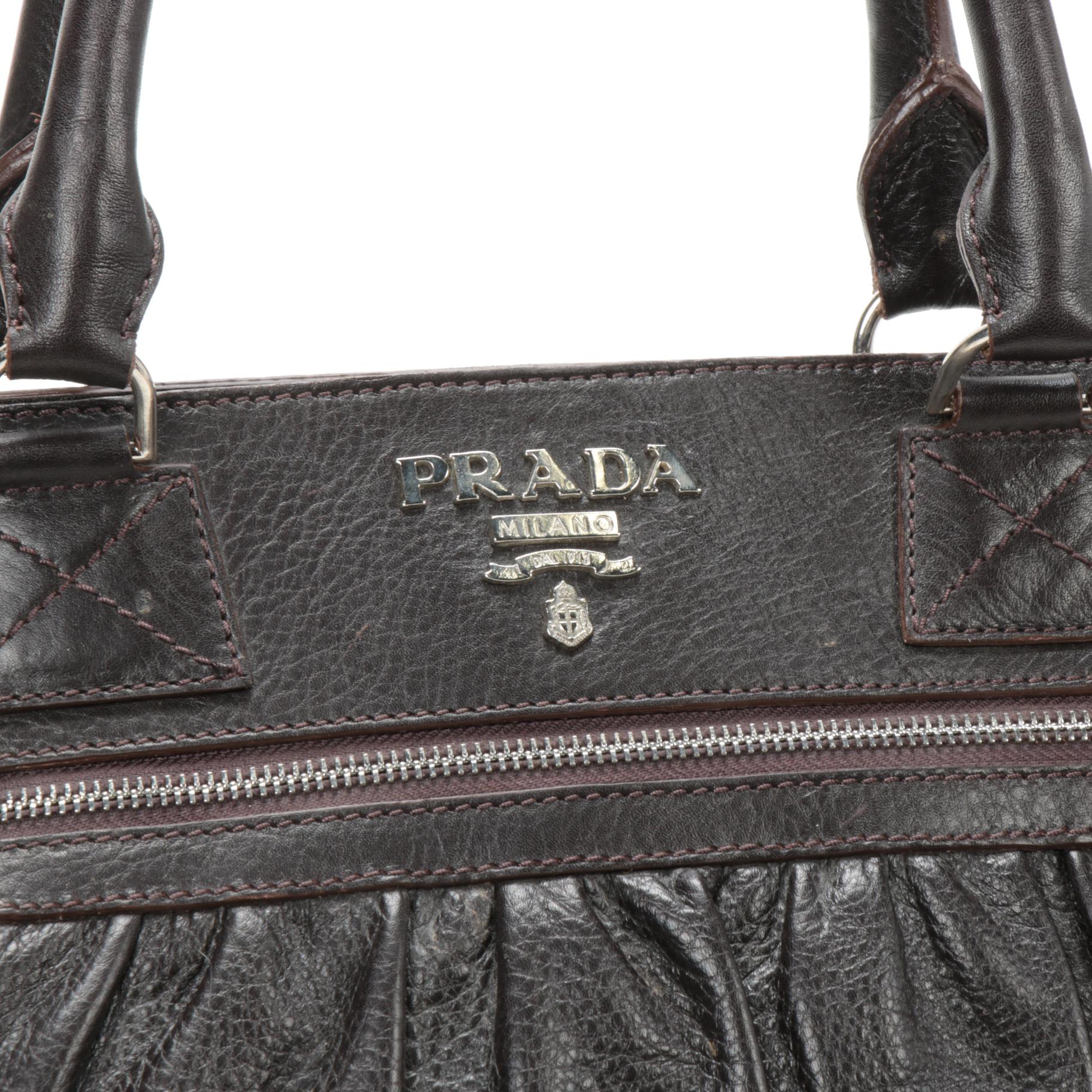 Prada Dark Brown Pleated Daino Leather Zip Handbag