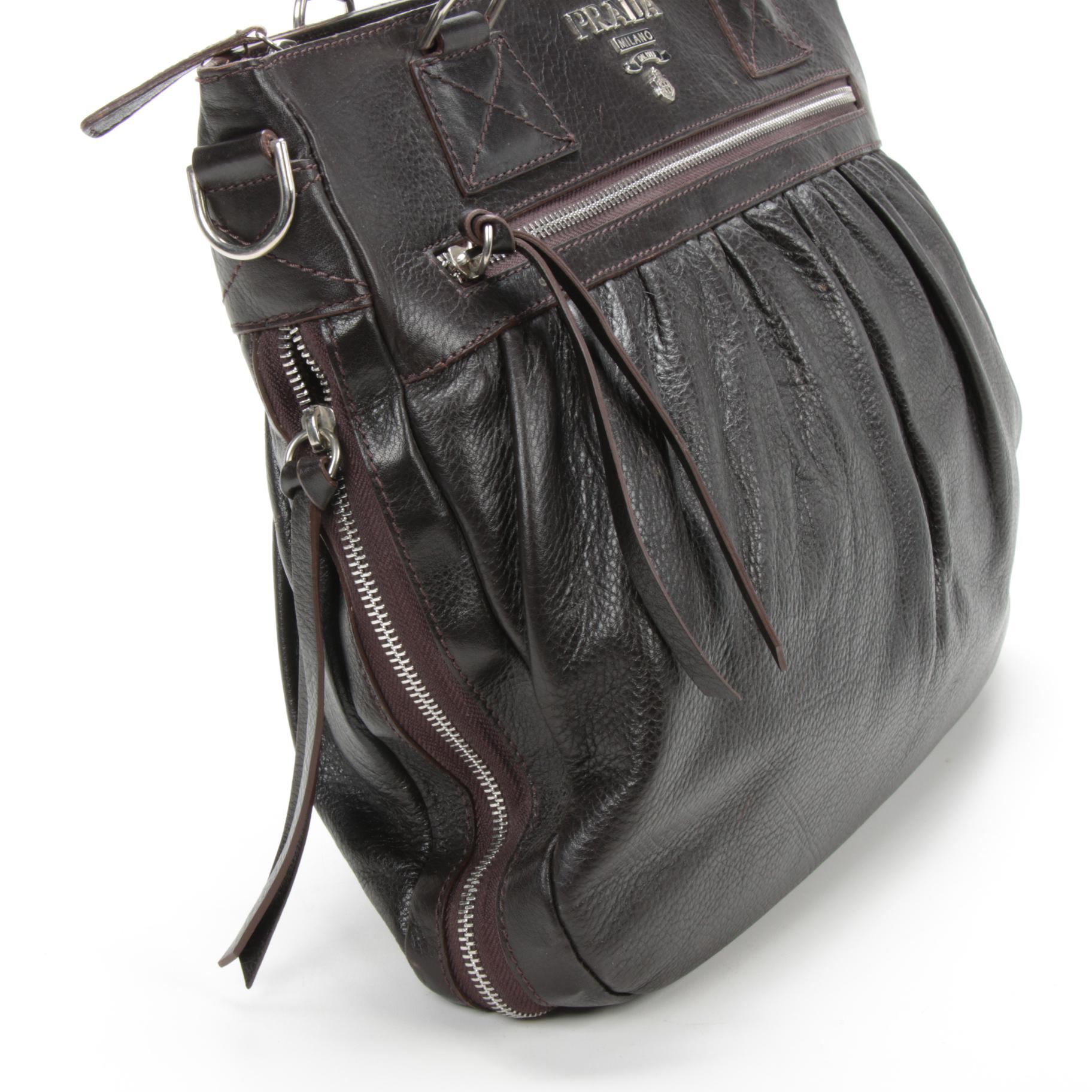 Prada Dark Brown Pleated Daino Leather Zip Handbag