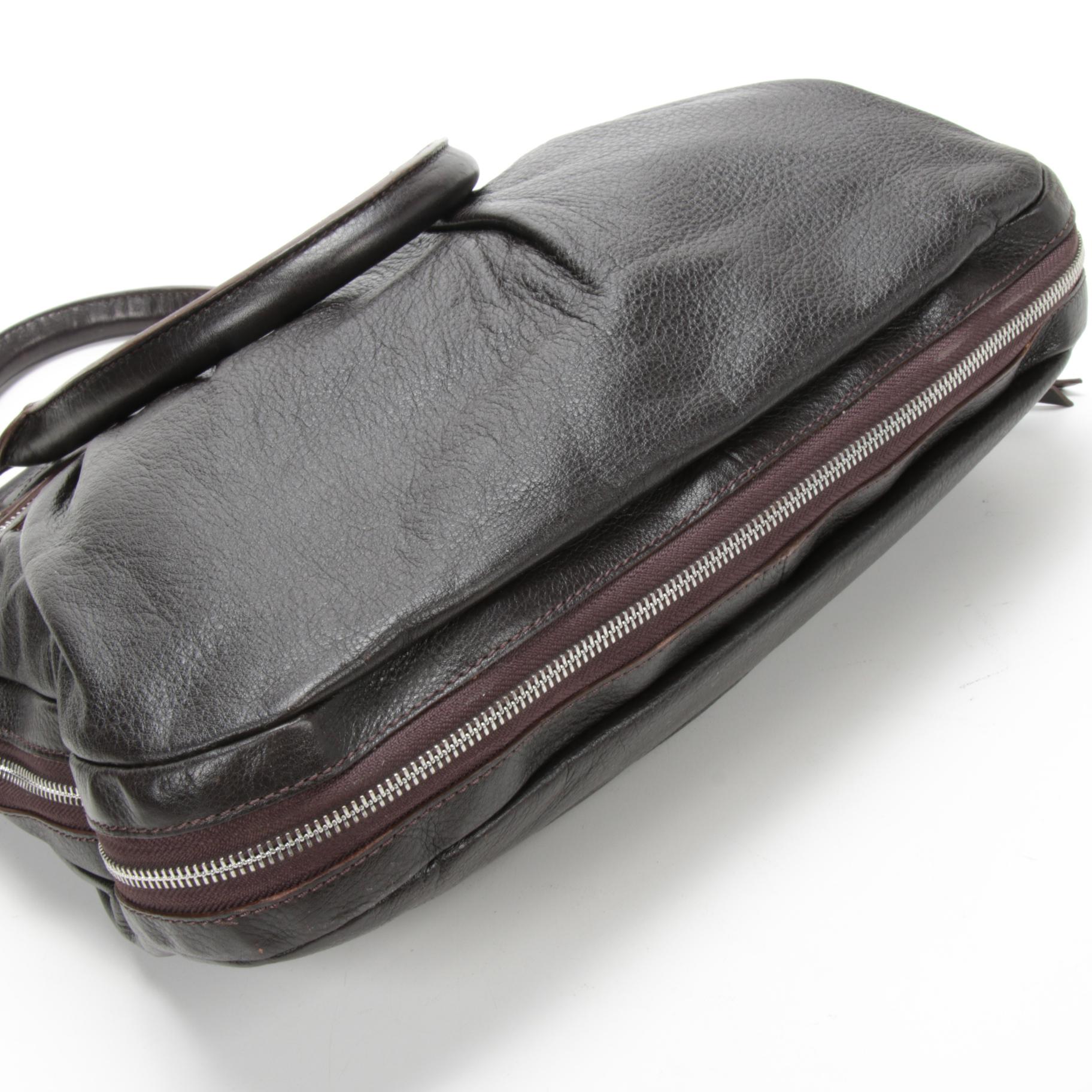 Prada Dark Brown Pleated Daino Leather Zip Handbag