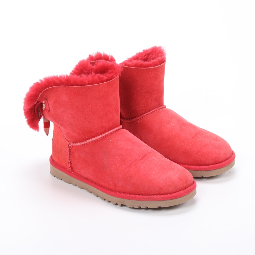 UGG Bailey Red Sheepskin Suede and Shearling Ankle Boots with Bow Detail