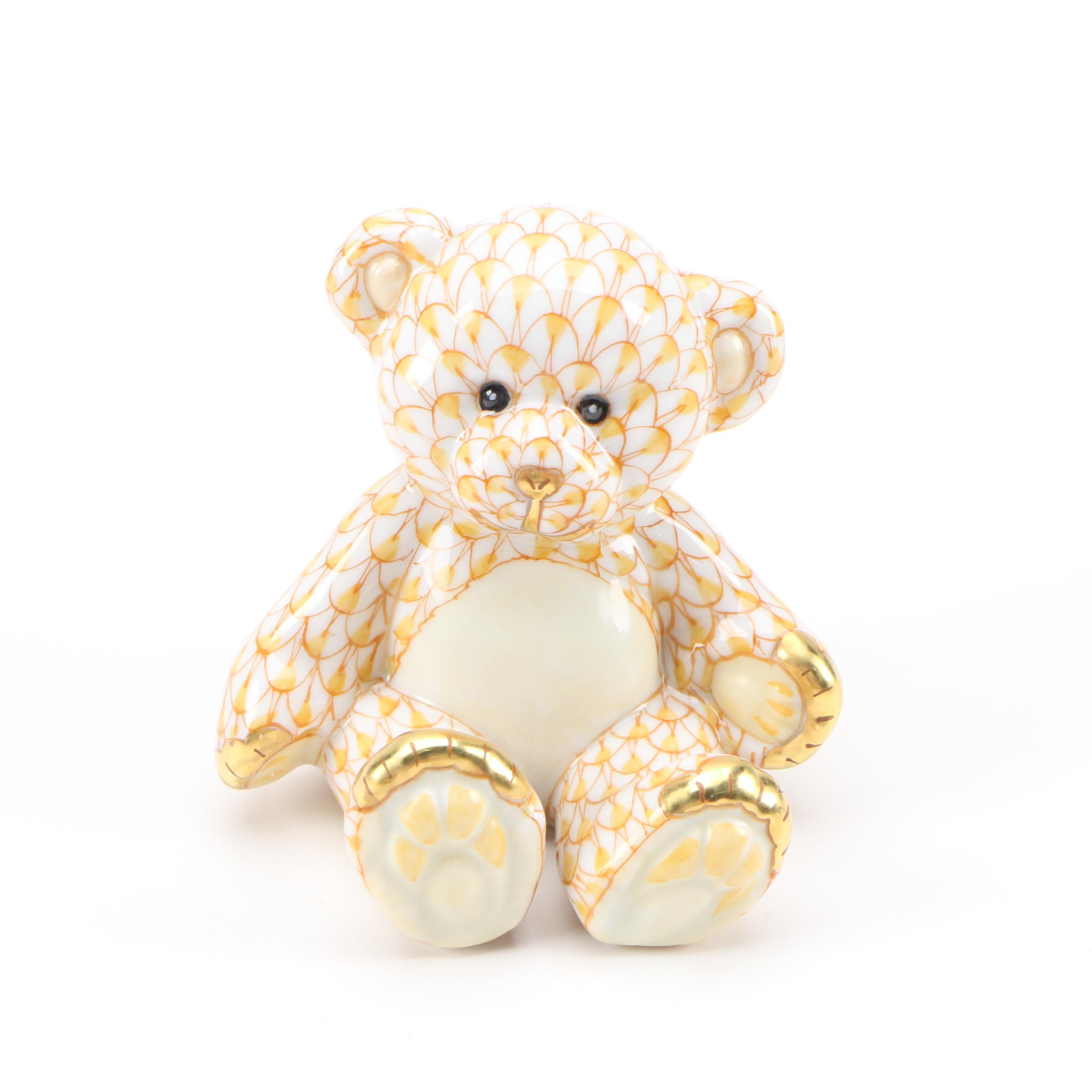 Herend Butterscotch Fishnet with Gold Porcelain "Teddy Bear" Figurine