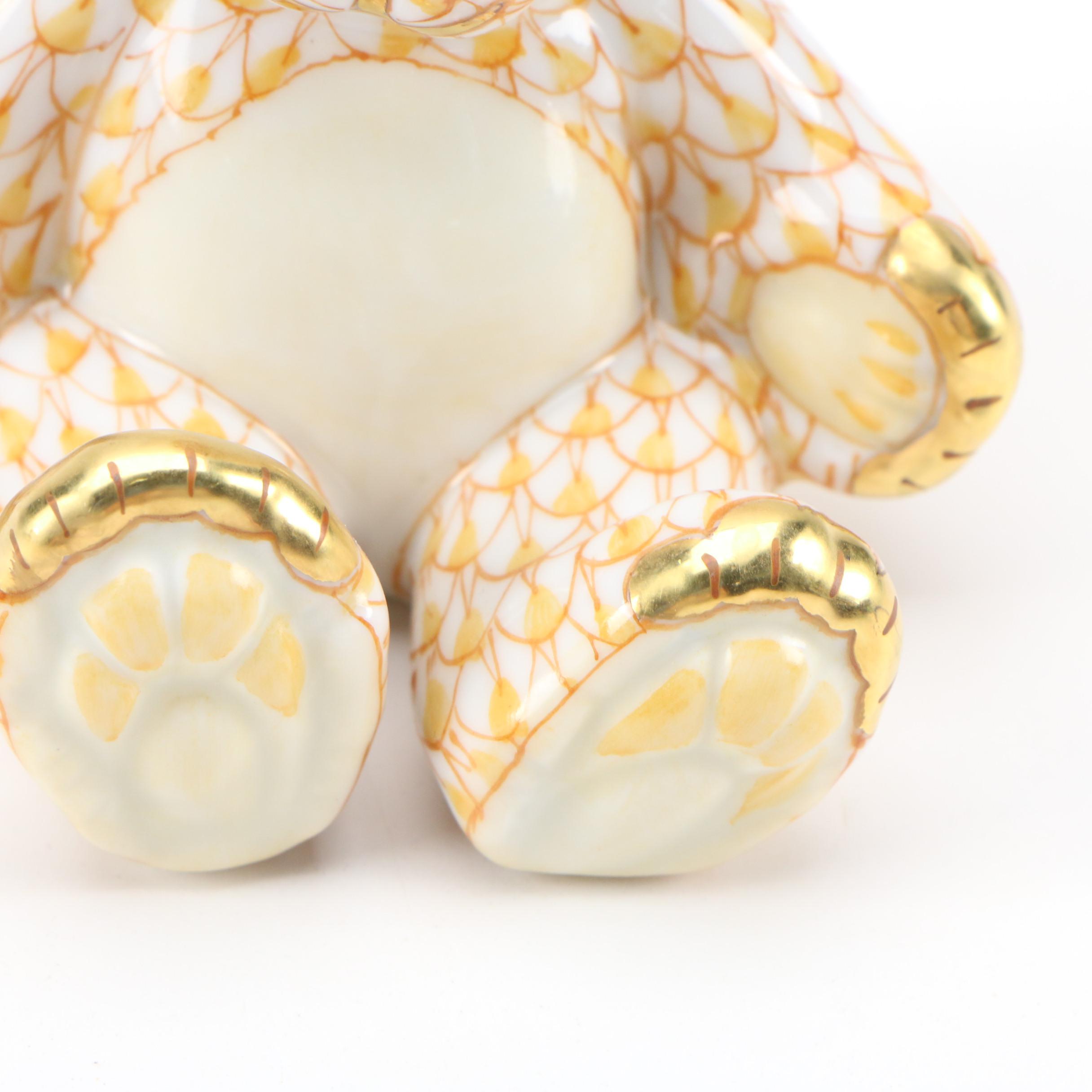 Herend Butterscotch Fishnet with Gold Porcelain "Teddy Bear" Figurine