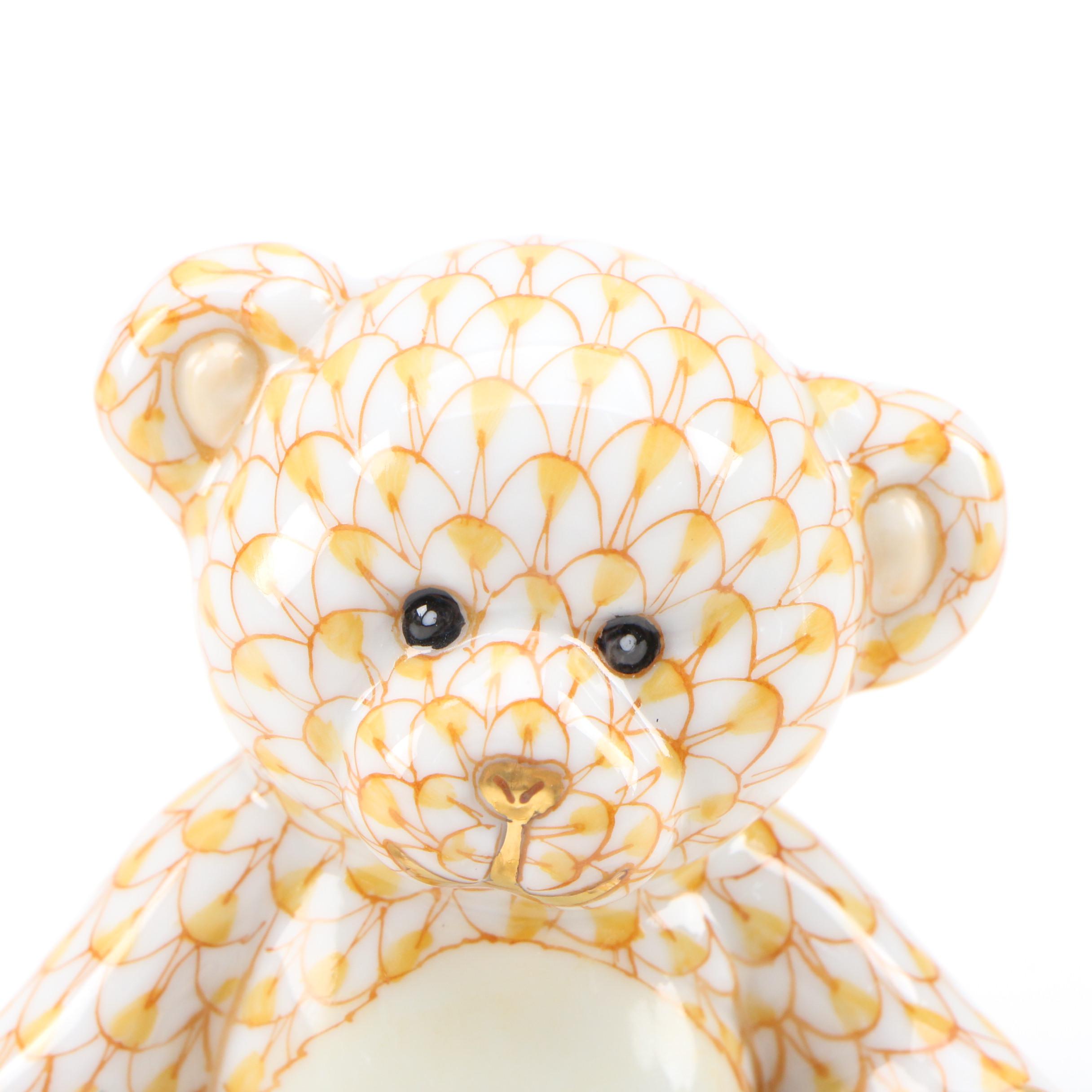 Herend Butterscotch Fishnet with Gold Porcelain "Teddy Bear" Figurine