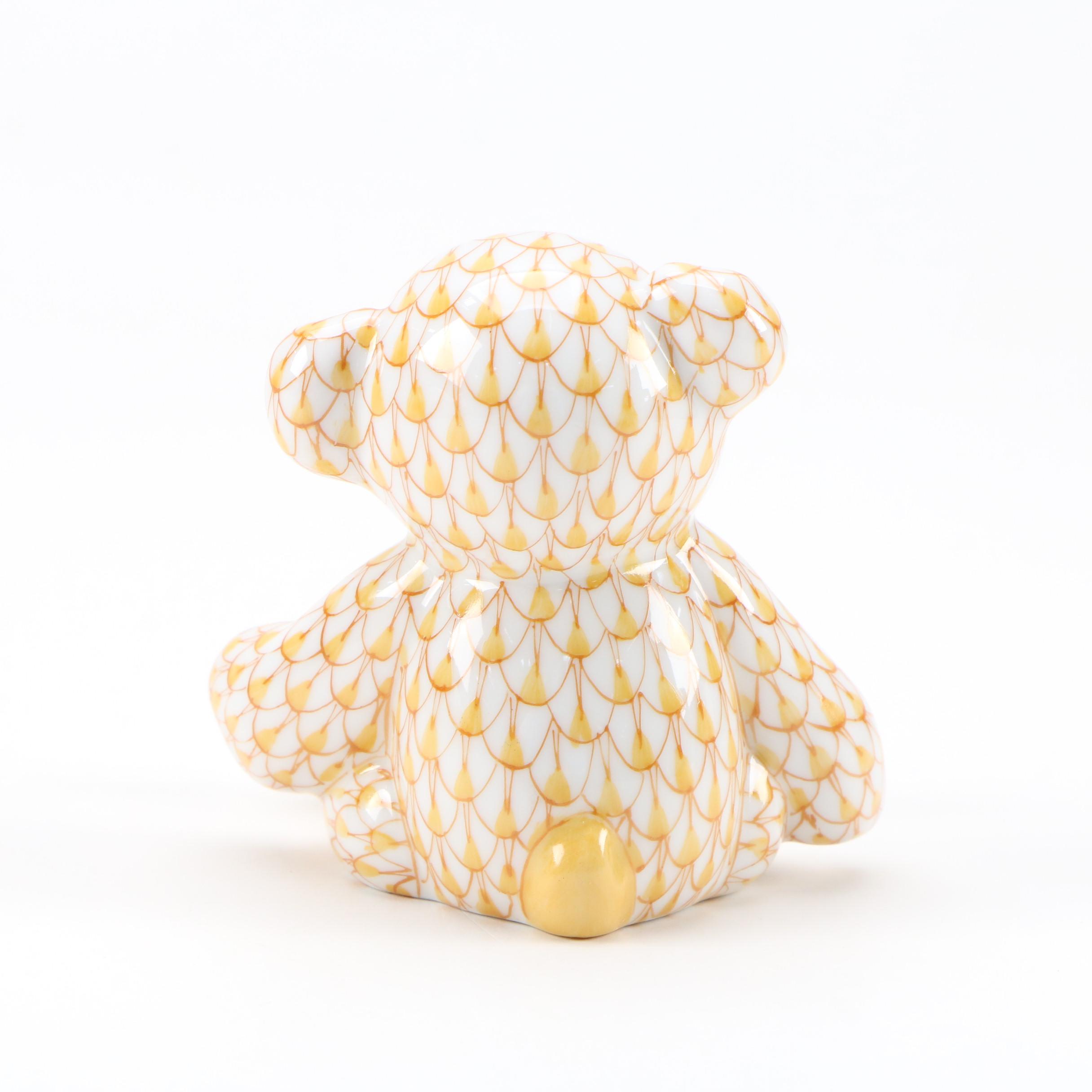 Herend Butterscotch Fishnet with Gold Porcelain "Teddy Bear" Figurine
