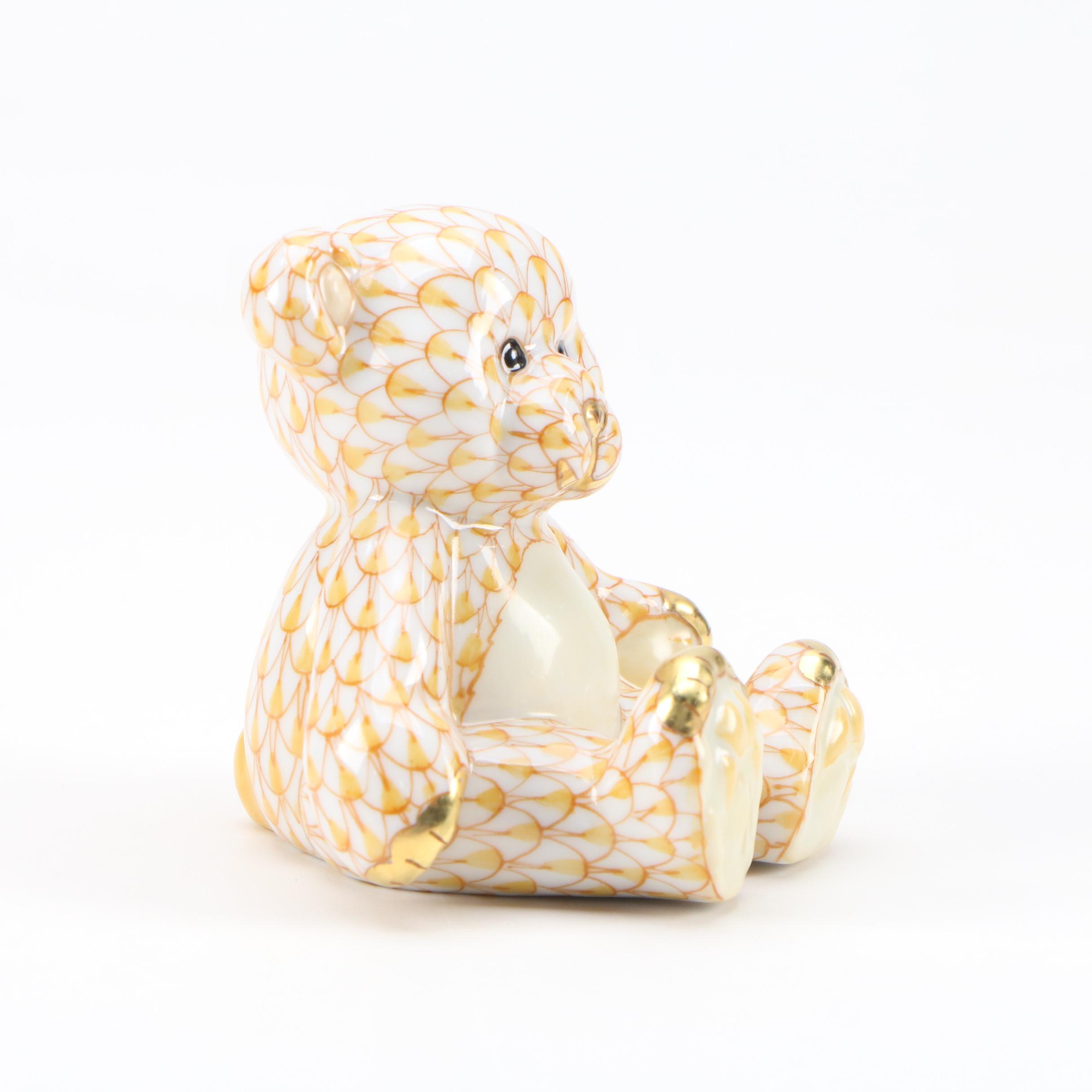 Herend Butterscotch Fishnet with Gold Porcelain "Teddy Bear" Figurine