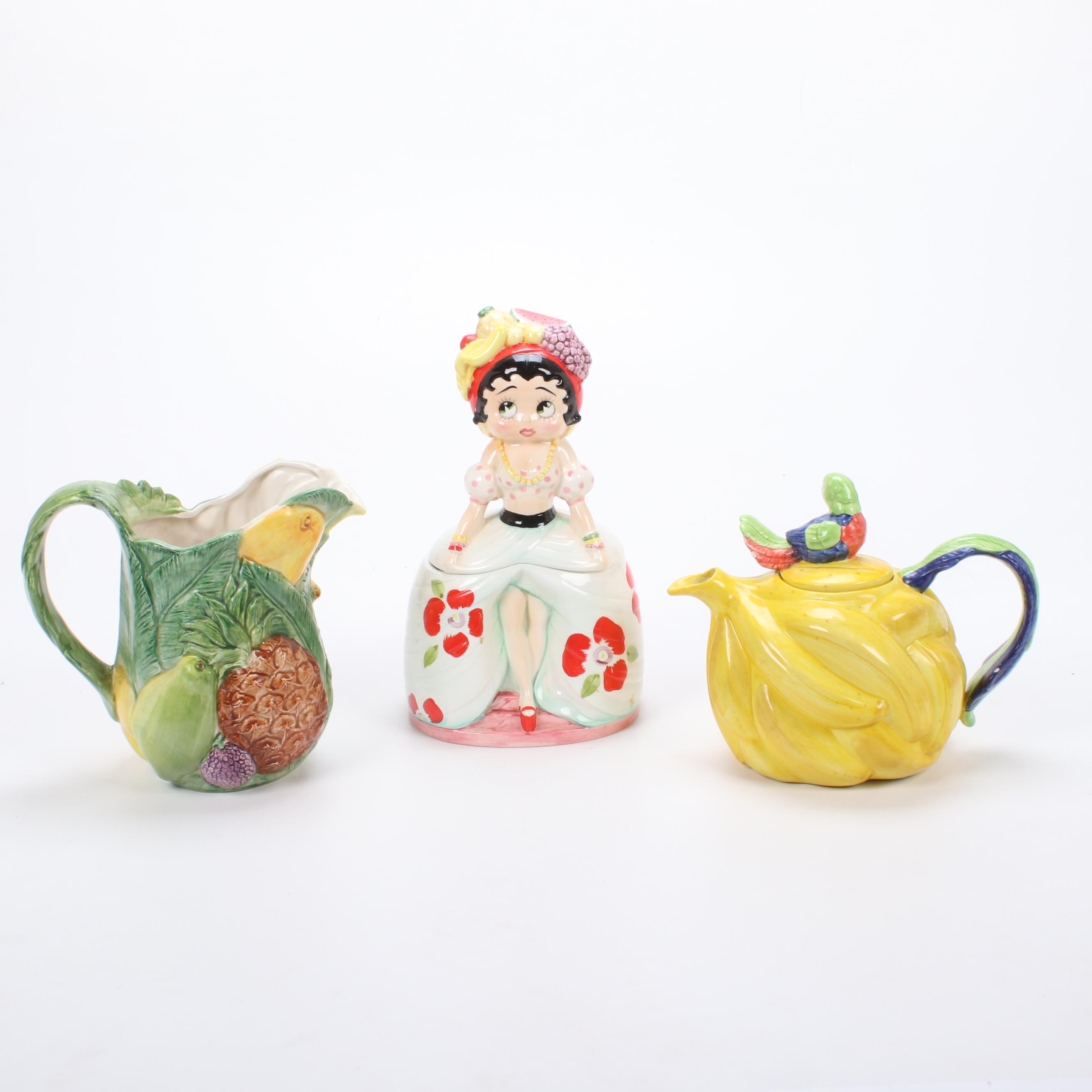 Fitz & Floyd Teapot, Pottery Barn Pitcher, and Betty Boop Cookie Jar