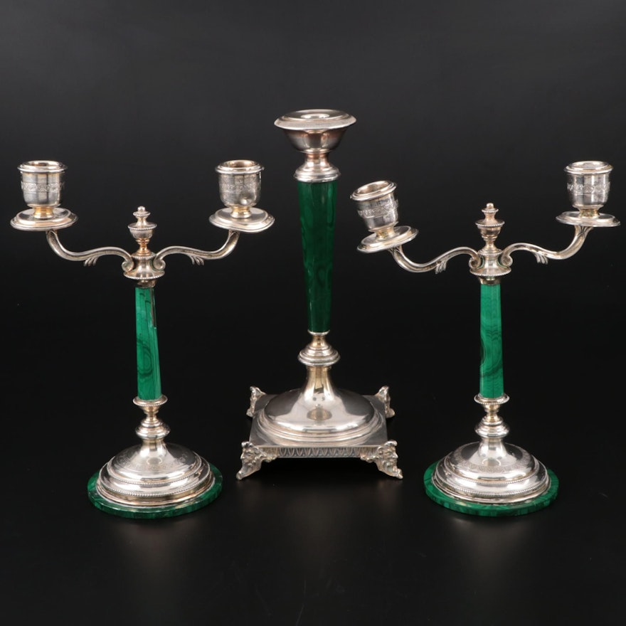 Malachite and 800 Silver Candelabra and Candlestick