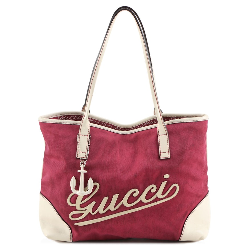 Gucci Boulevard Medium Tote Bag in Red Nylon Canvas and Off-White Leather