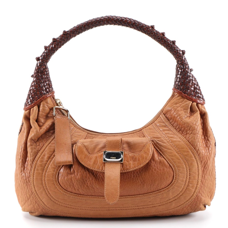 Fendi Spy Hobo Bag in Tan Grained and Woven Dark Mahogany Brown Leather