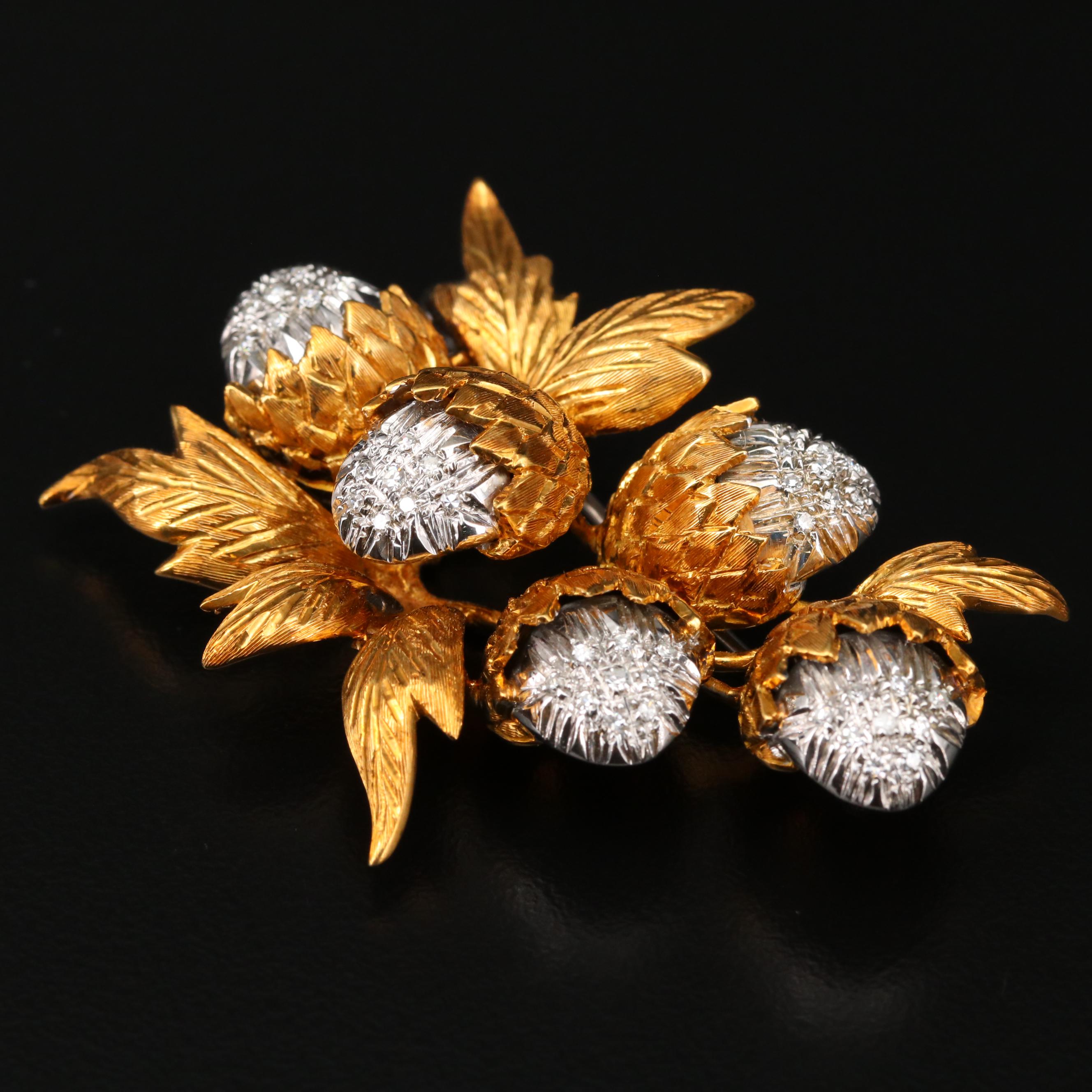 Vintage Toliro 18K Gold 0.40 CTW Diamond Thistle Brooch