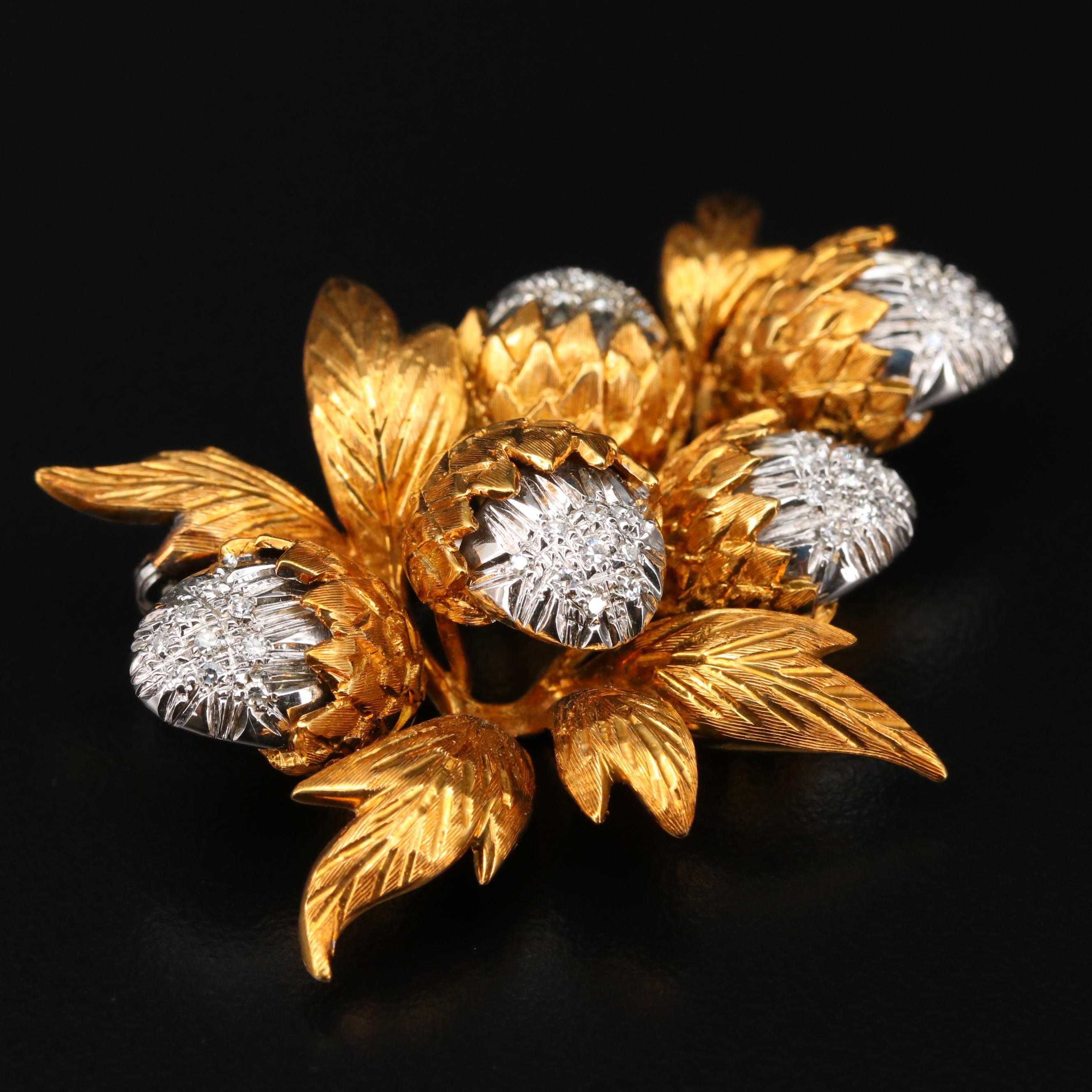 Vintage Toliro 18K Gold 0.40 CTW Diamond Thistle Brooch