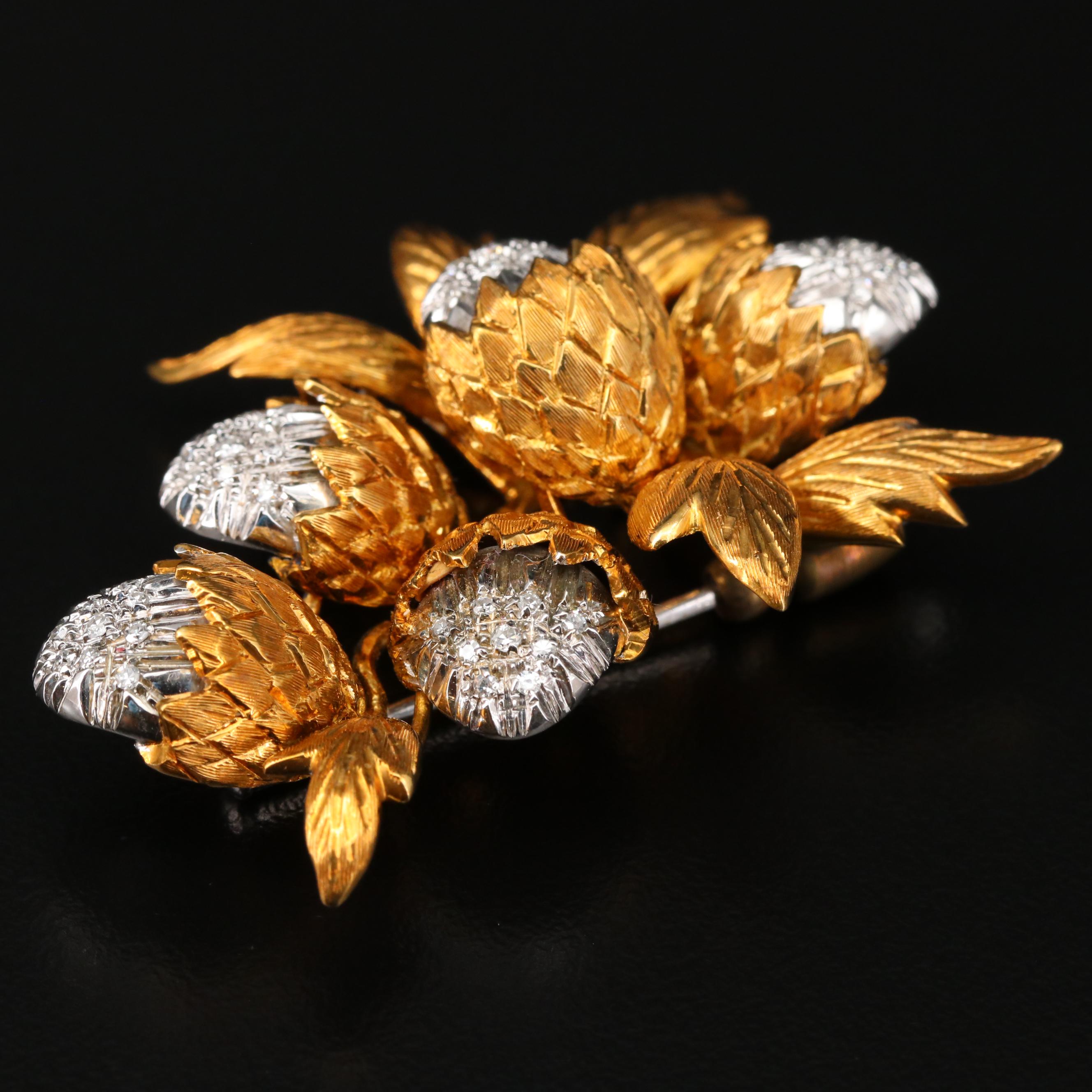 Vintage Toliro 18K Gold 0.40 CTW Diamond Thistle Brooch