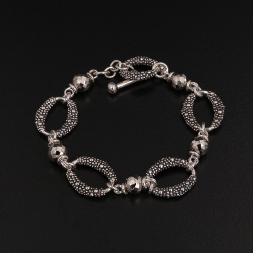 Michael Dawkins Sterling Silver and Pyrite Link Bracelet with Granulation Detail