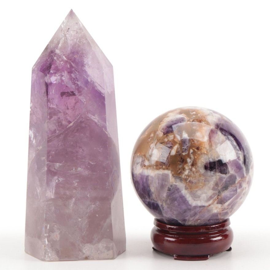 Polished Amethyst Obelisk and Sphere with Stand