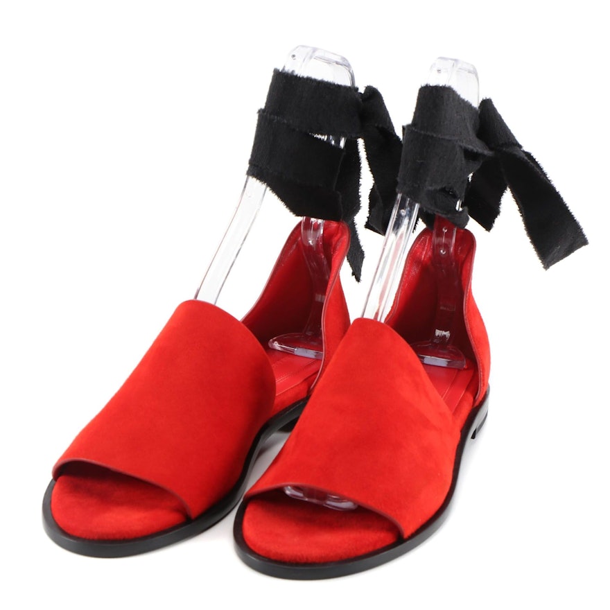 Ellery St. Claire Red Suede Slides with Black Ribbon Tie Ankle Straps