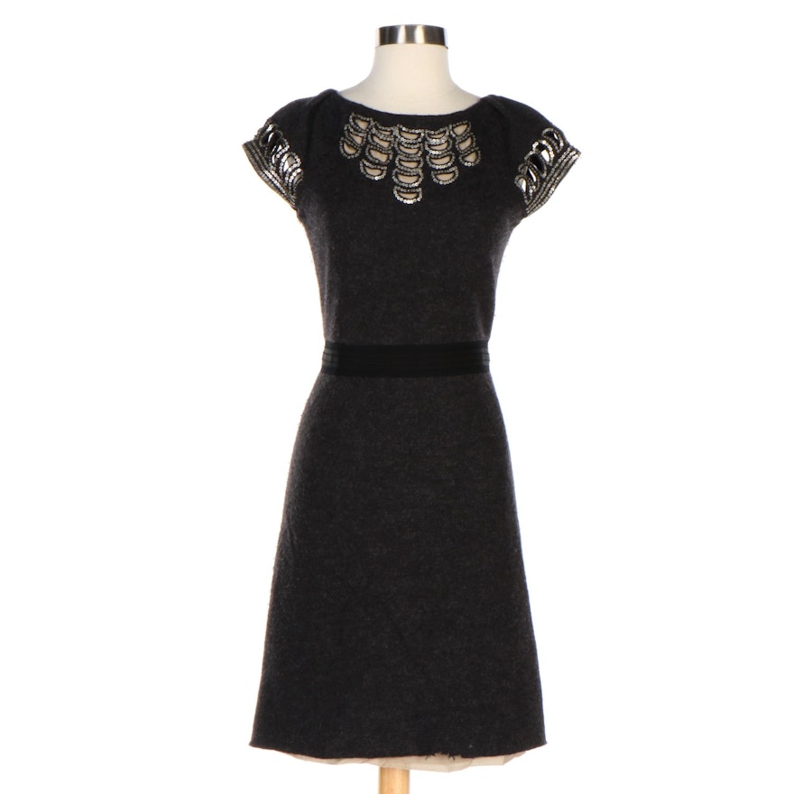 Tory Burch Fitted Grey Wool Dress with Sequin Embellished Cutouts