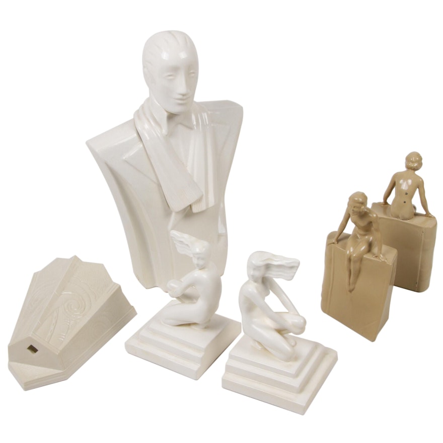 Art Deco and Deco Revival Figural Bookends, Wall Pocket, and Storage Container