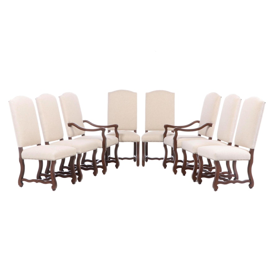Eight Frontgate "Valetta" Stained Hardwood and Linen-Upholstered Dining Chairs
