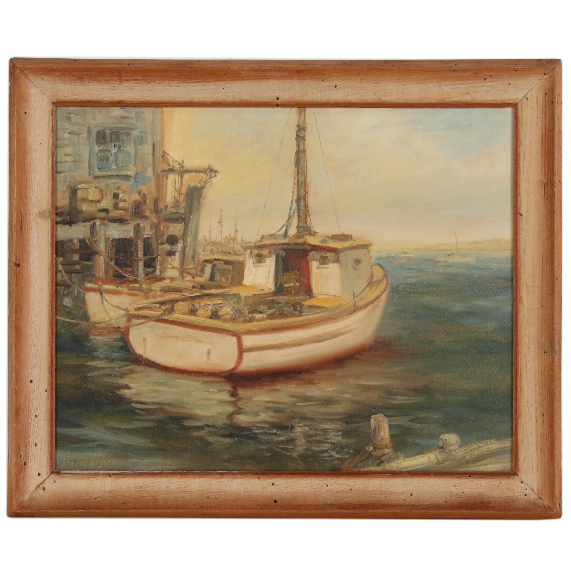 Wendell Rogers Harbor Scene Oil Painting, Mid 20th Century
