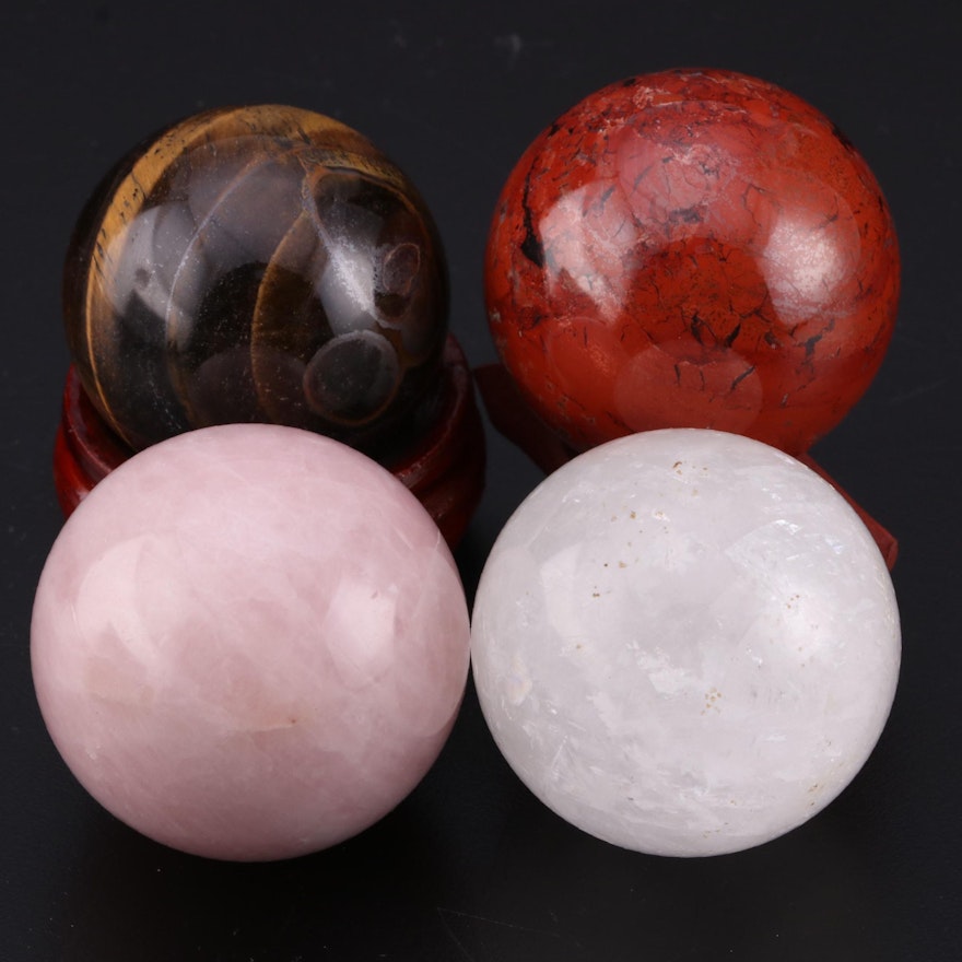 Polished Tigers Eye, Rose Quartz and Other Spherical Mineral Specimens