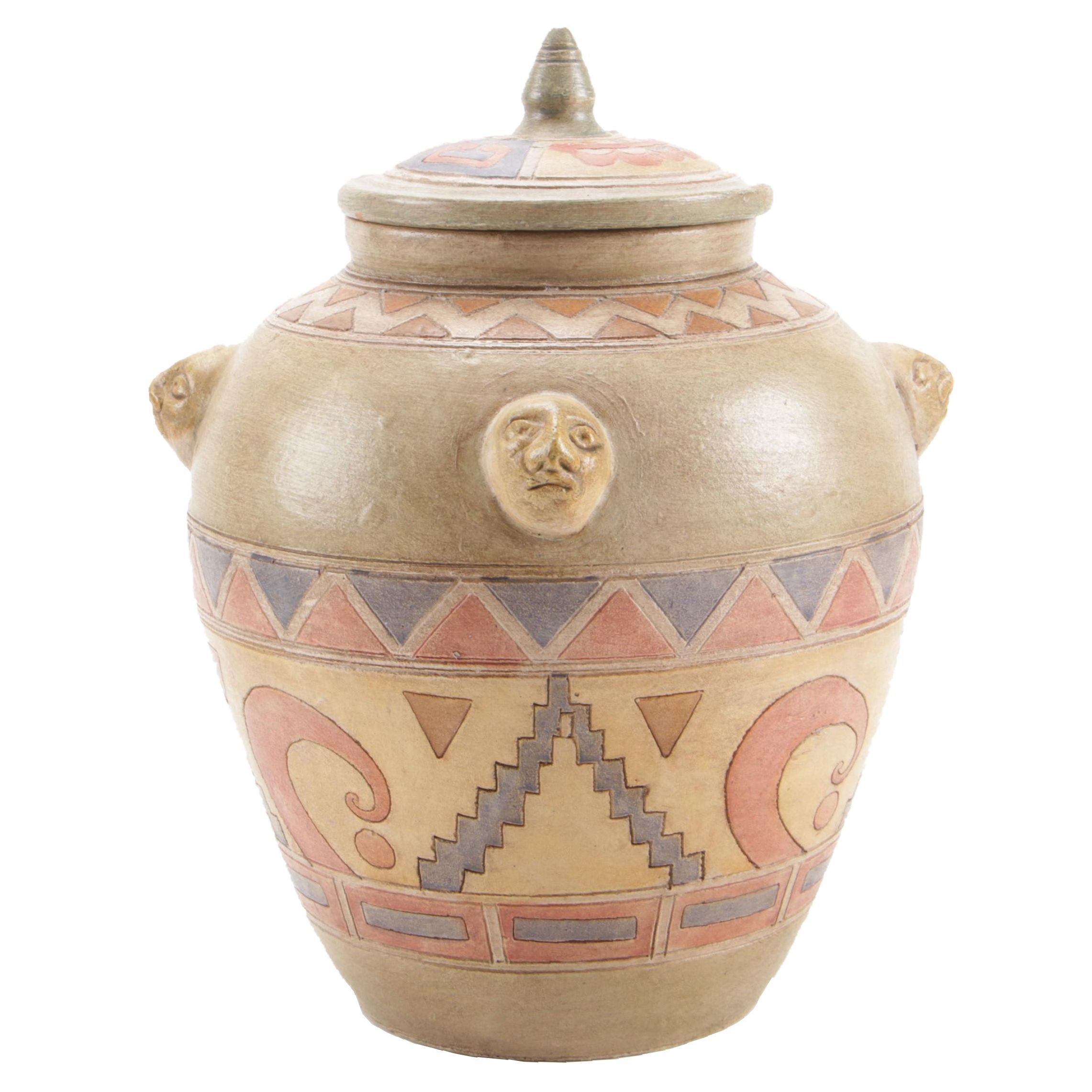 South American Inspired Art Pottery Lidded Vessel