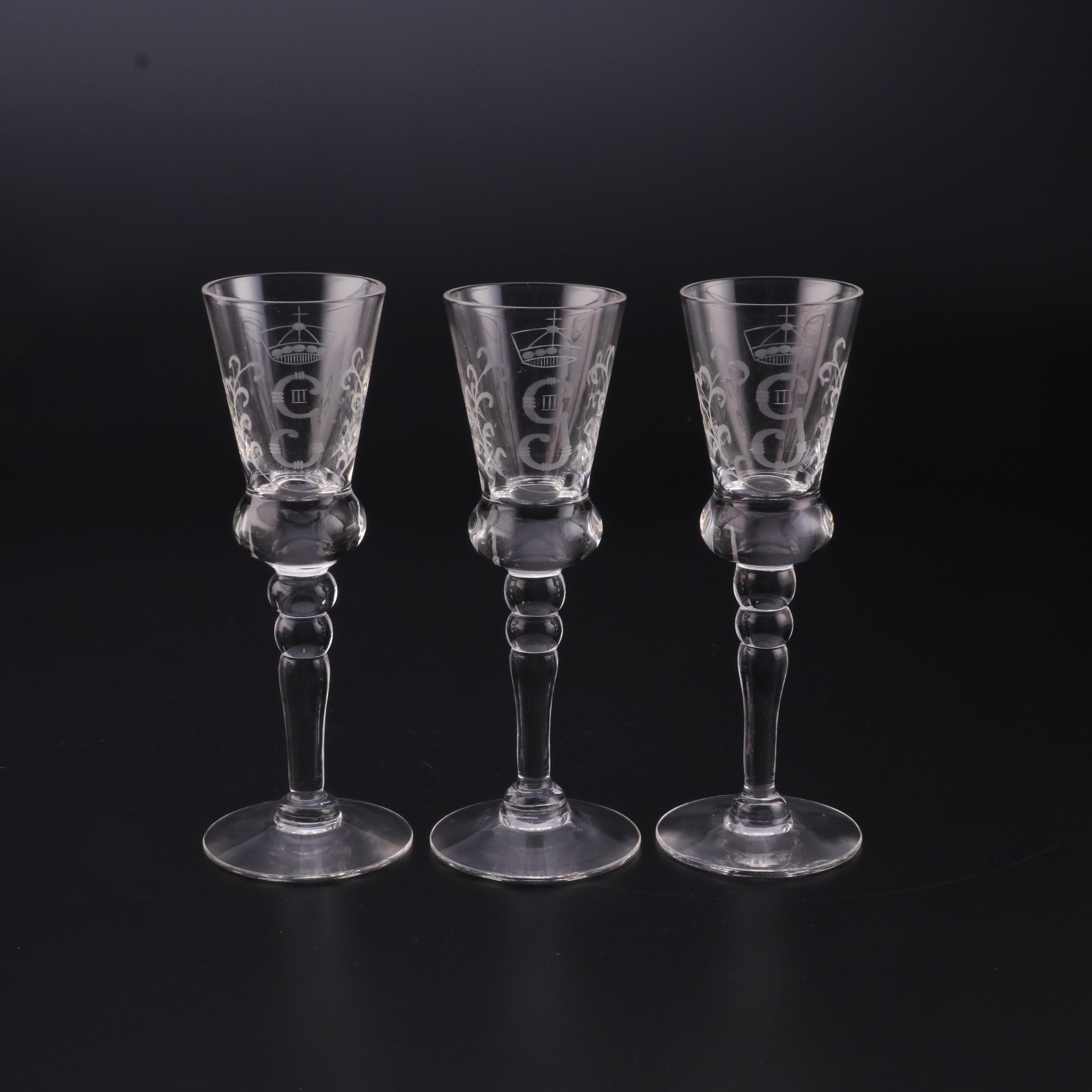Etched Cordial Glasses with King Gustav III Monogram