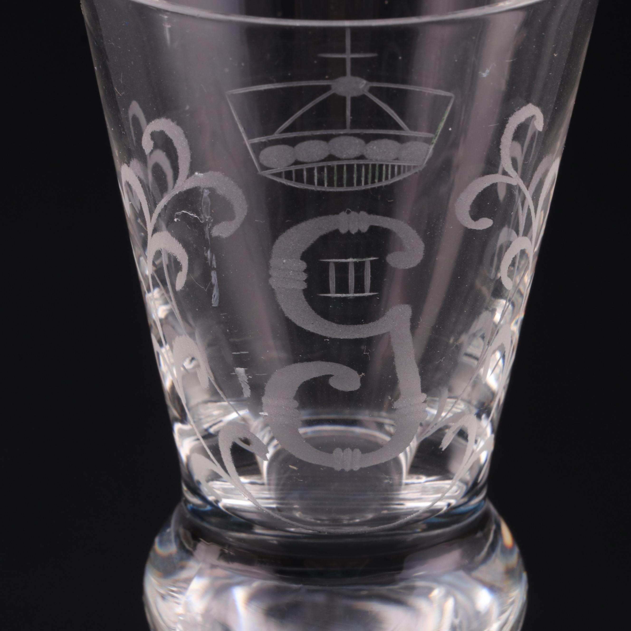 Etched Cordial Glasses with King Gustav III Monogram