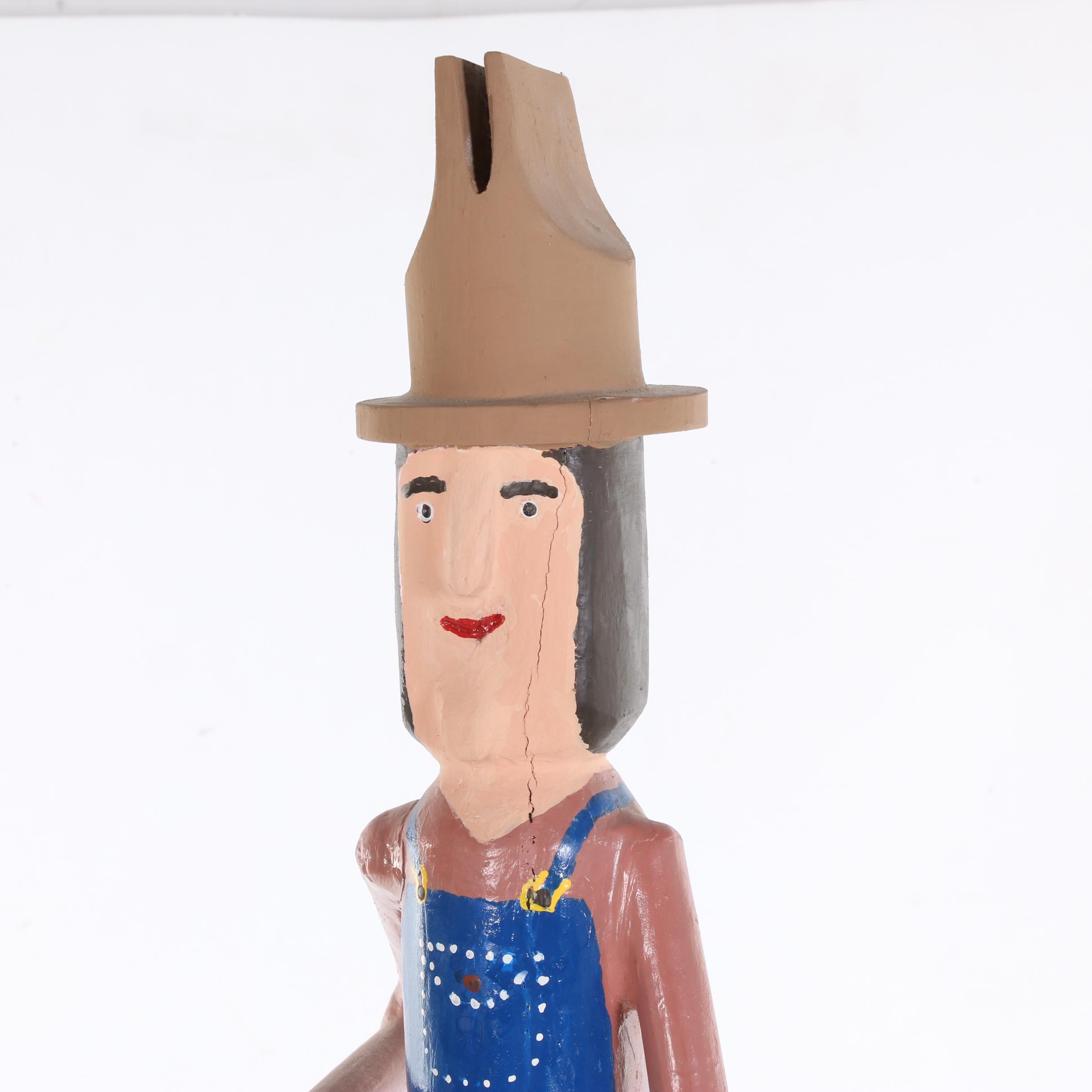 Calvin Cooper Folk Art Polychrome Wood Carving of Man with Hoe