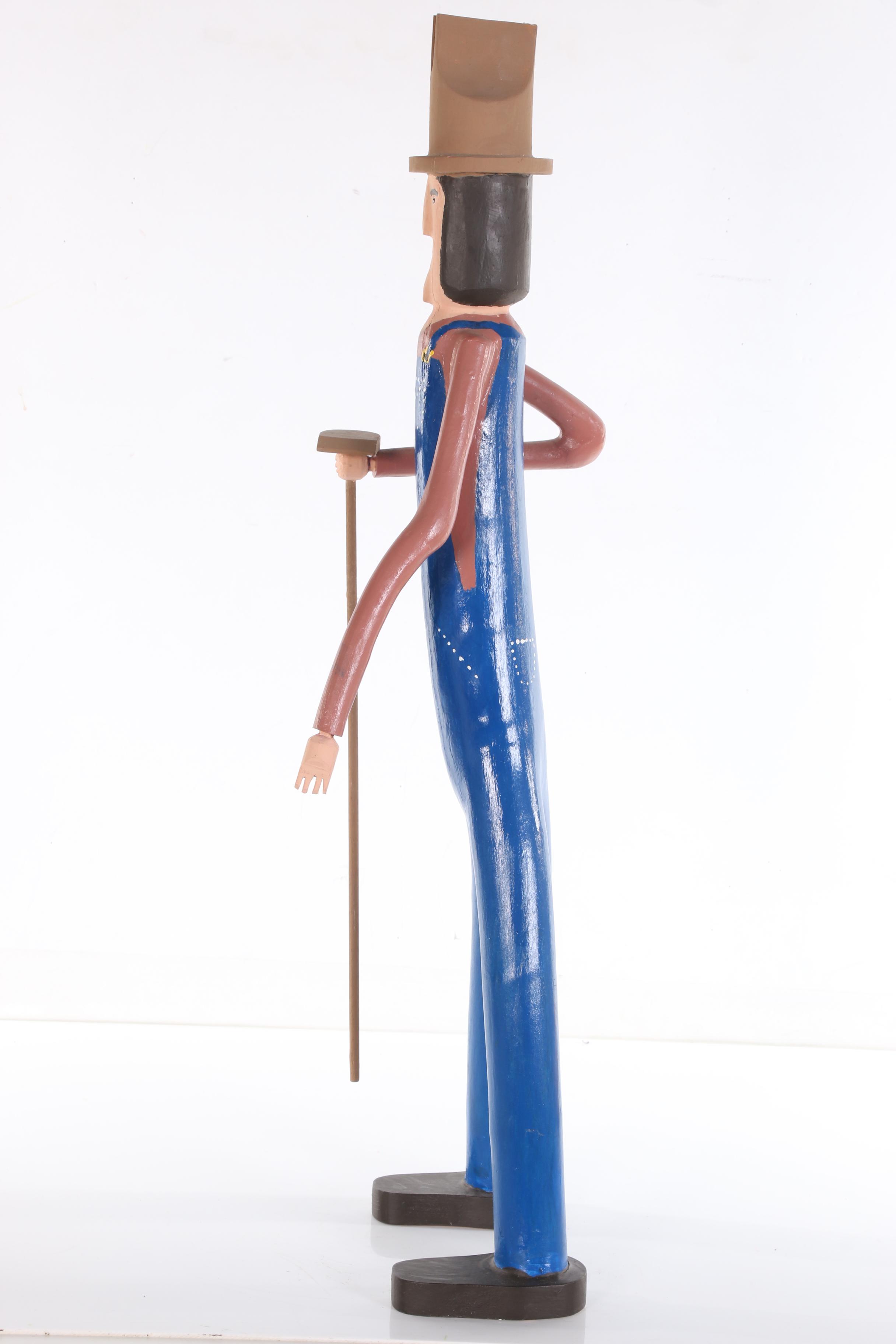 Calvin Cooper Folk Art Polychrome Wood Carving of Man with Hoe