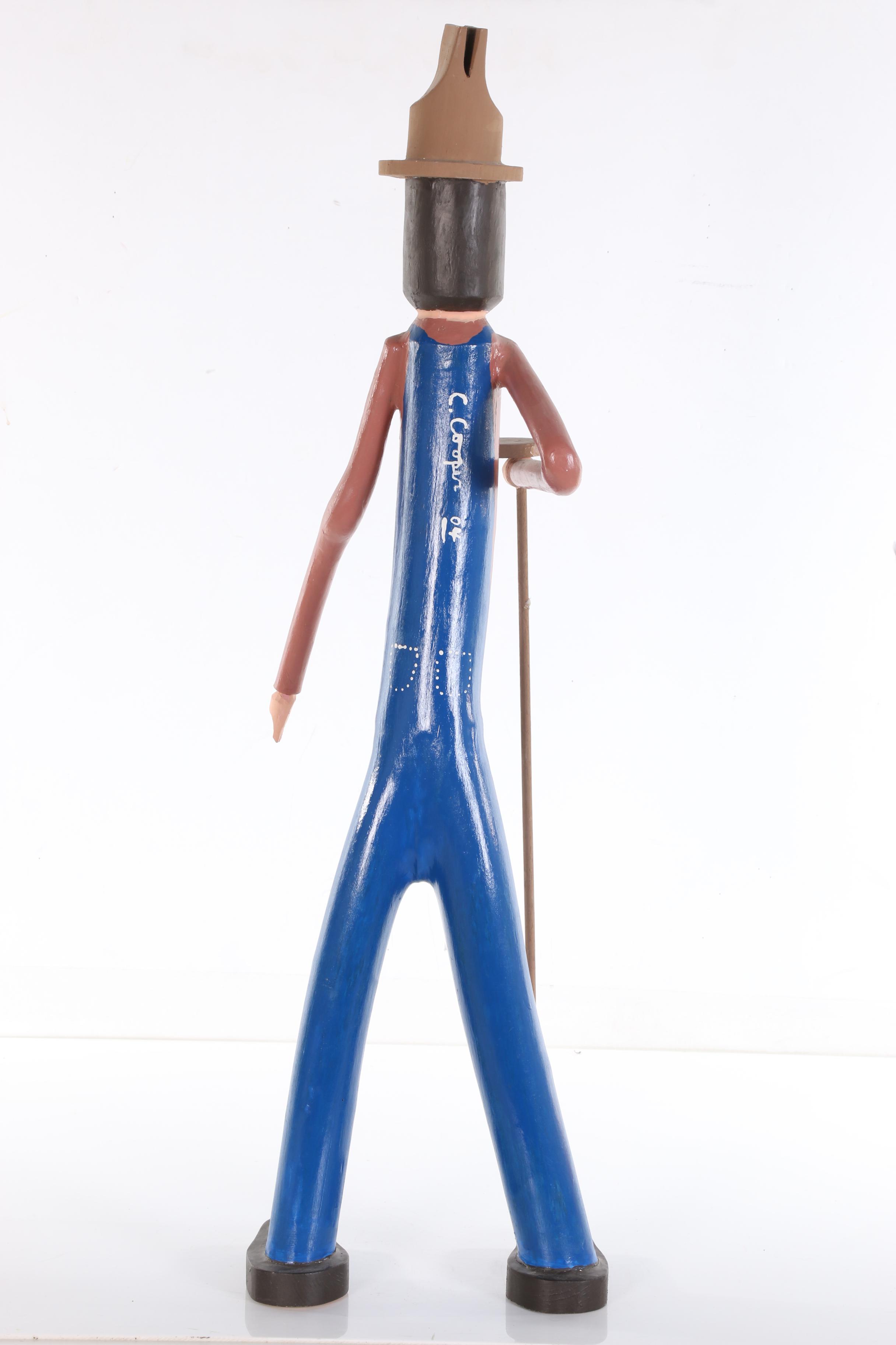 Calvin Cooper Folk Art Polychrome Wood Carving of Man with Hoe