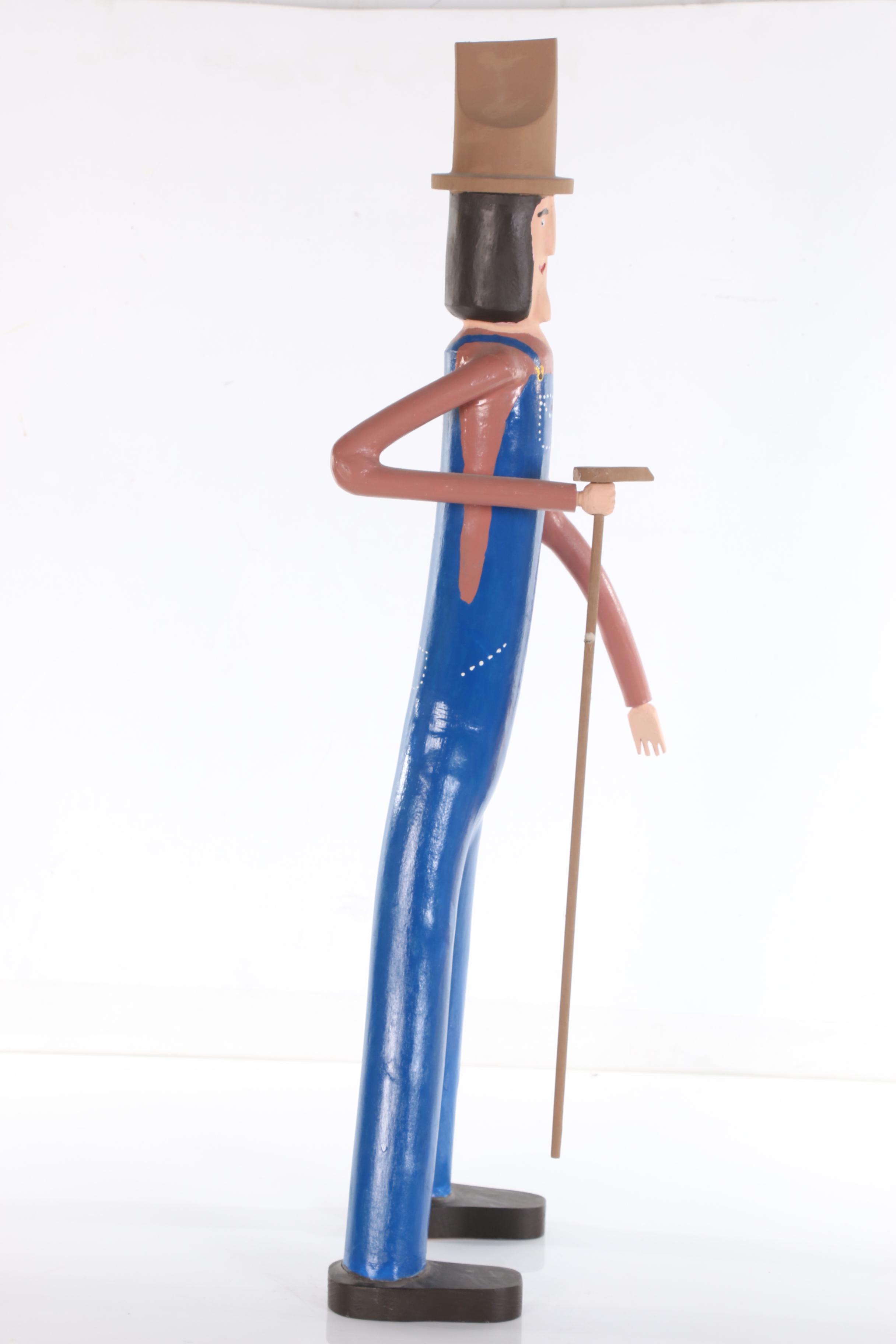 Calvin Cooper Folk Art Polychrome Wood Carving of Man with Hoe
