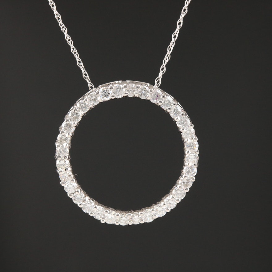 14K White Gold 1.12 CTW Diamond Circle Pendant Necklace