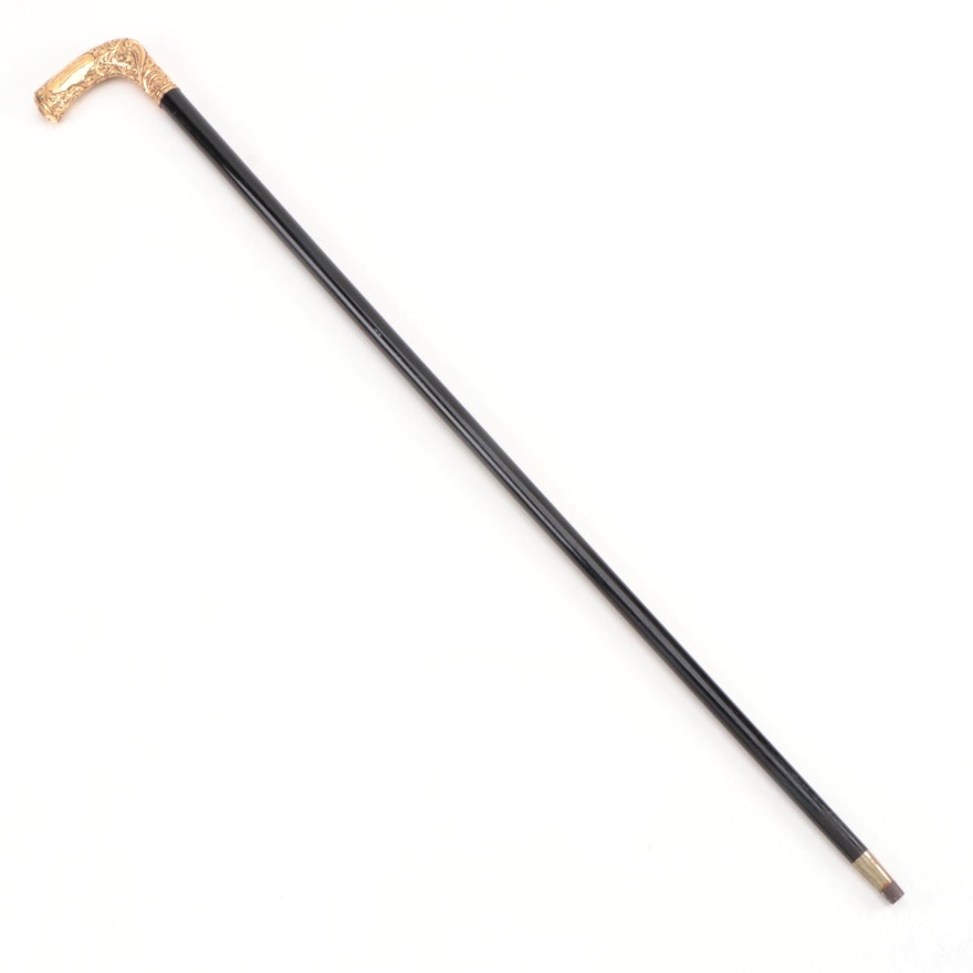 Victorian Gentleman's Walking Stick with Repoussé Gold Plated Handle, 1901
