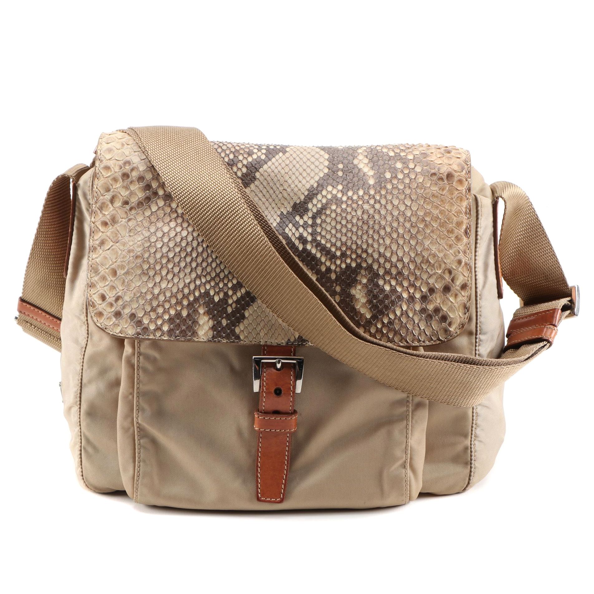 Prada Python Flap Crossbody Bag in Beige Tessuto Nylon and Tan Leather