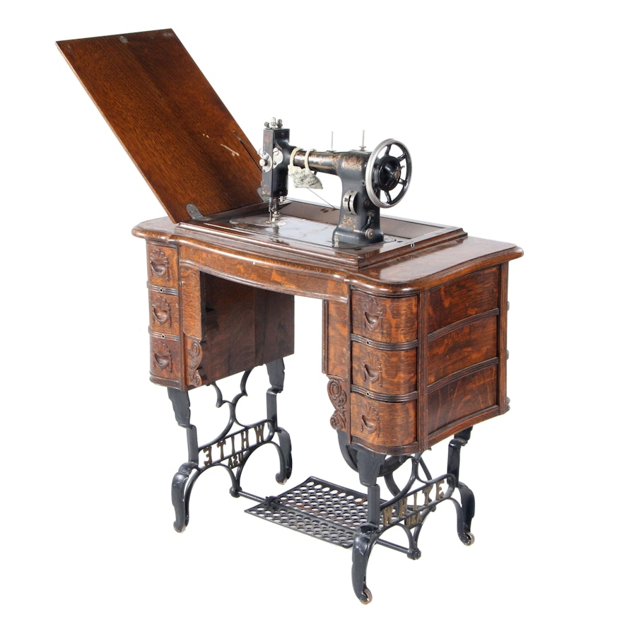 White Cast Iron and Oak Sewing Machine, Early 20th Century