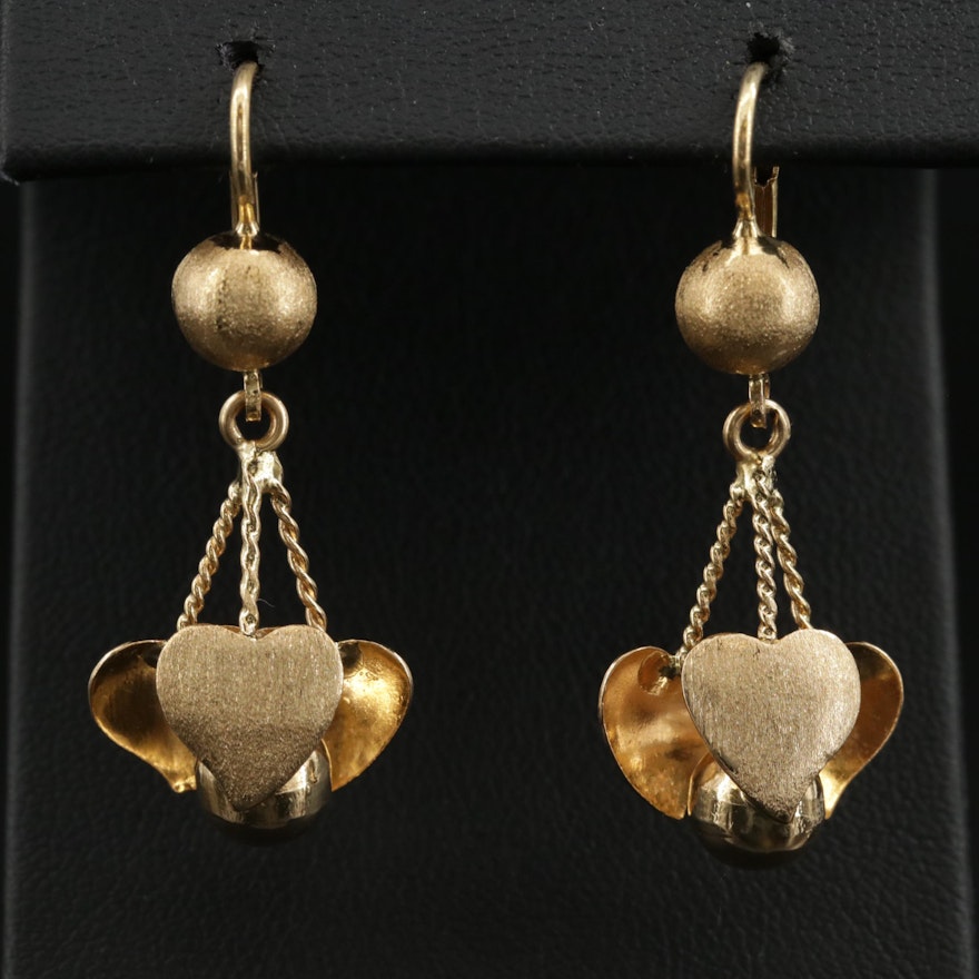 18K Yellow Gold Dangle Earrings Featuring Heart Motif