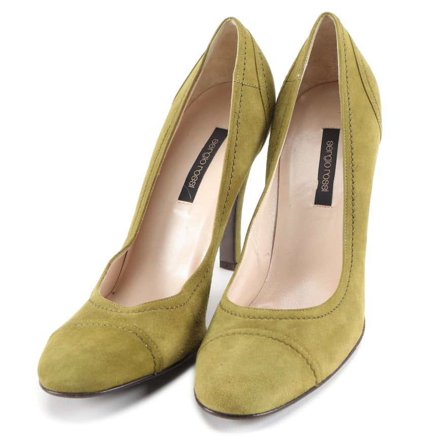 Sergio Rossi Suede Topstitched Round Toe High Heel Pumps in Avocado