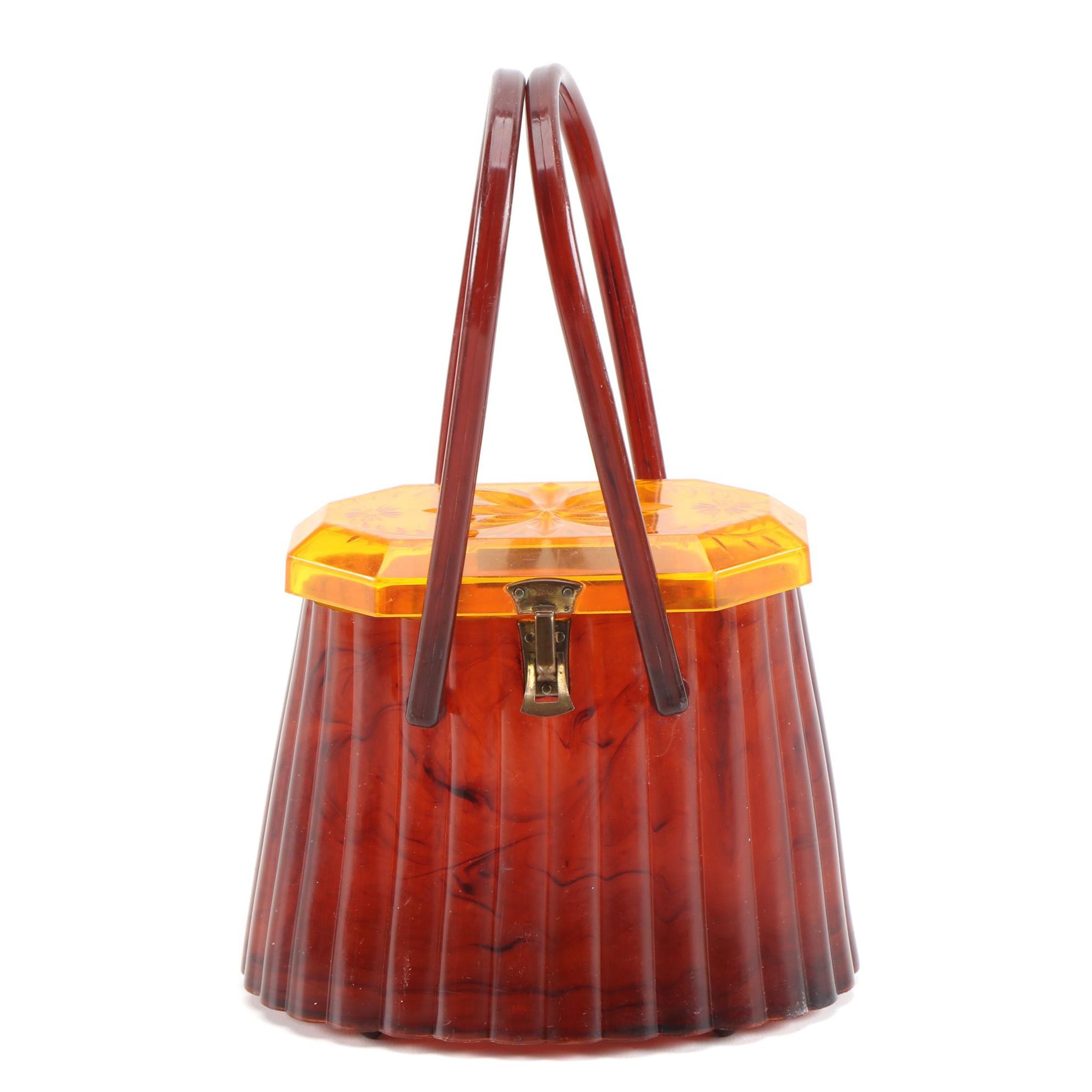 Ranhill Corp. Etched and Sculpted Amber Swirl Acetate Box Purse, 1950s Vintage