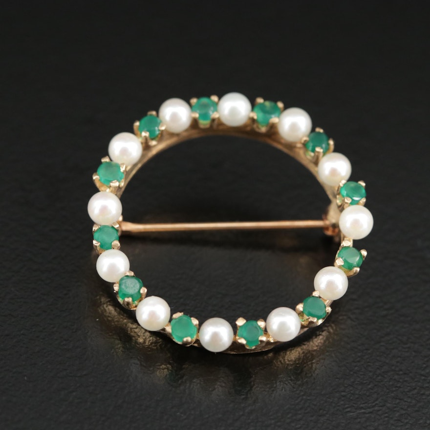 14K Pearl and Chalcedony Circle Brooch