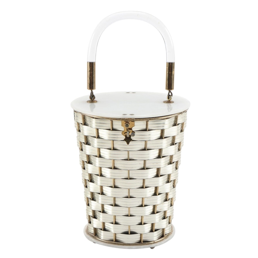 Dorset Rex Woven Basket Bag with Pearlescent Lucite Lid and Base, 1950s Vintage