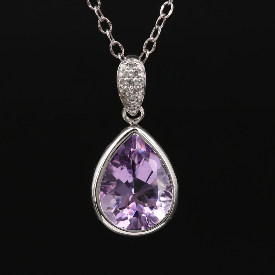 Sterling Silver Amethyst and Diamond Pendant Necklace