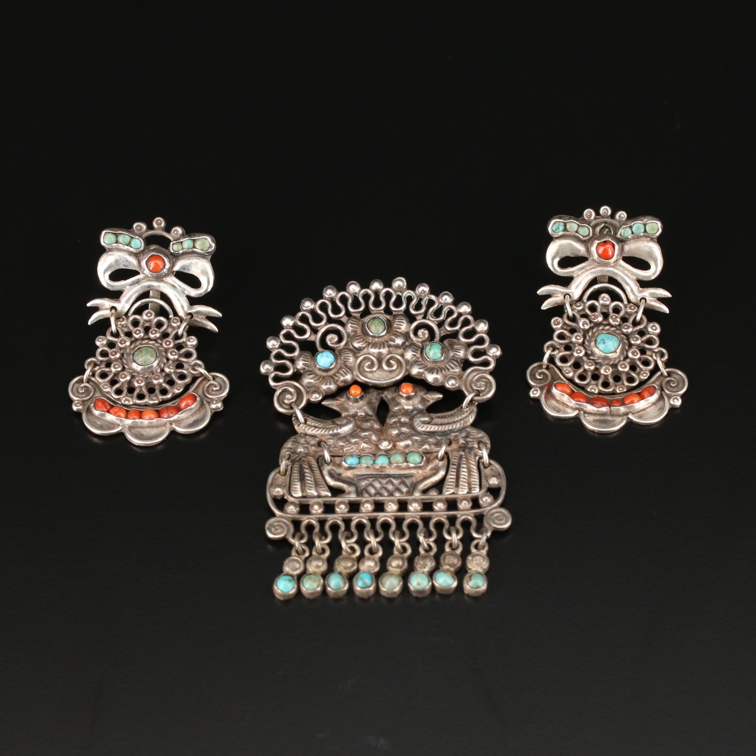 Mat-Matilde Poulat & Ricardo Salas Mexican Brooch and Clip-On Earrings Set